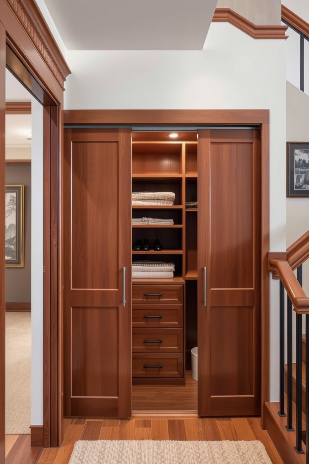 Custom cabinetry for tailored fit creates a seamless integration with the surrounding architecture. The design features elegant wood finishes and thoughtful storage solutions maximizing every inch of space. Small closet under staircase design ideas transform unused areas into functional storage. Incorporating sliding doors and built-in shelves enhances accessibility while maintaining a clean and organized appearance.