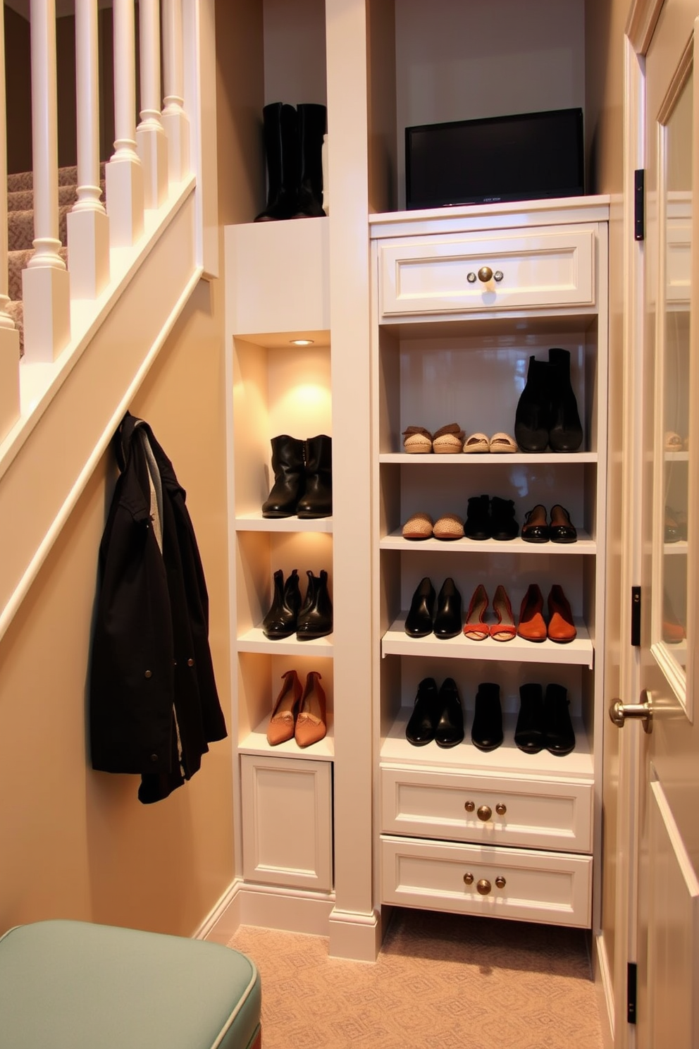 A cozy small closet under the staircase features built-in shoe storage with elegant drawers. The walls are painted in a soft beige, and warm lighting illuminates the space, showcasing neatly organized footwear and accessories.