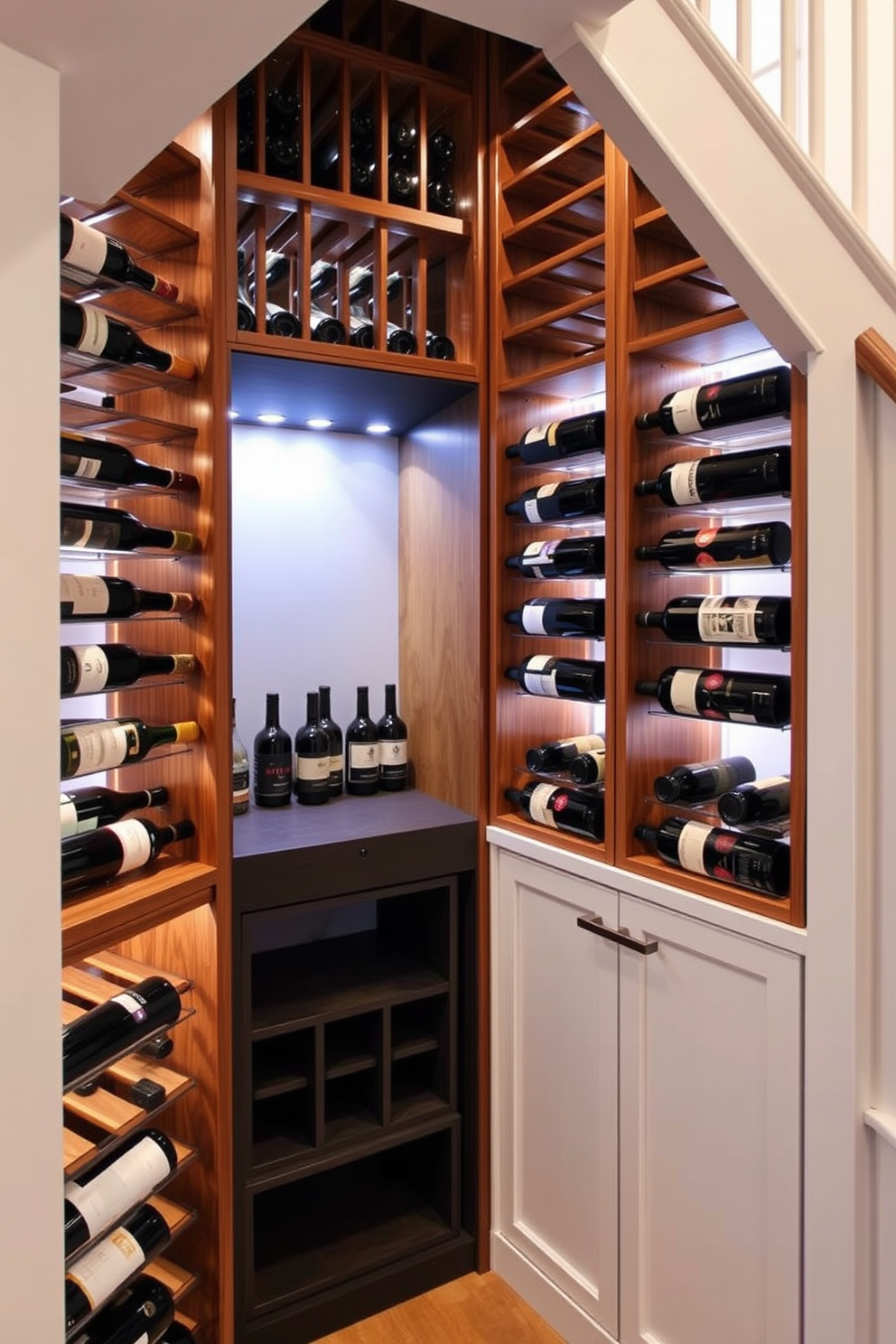 A luxurious under stair wine cellar designed for connoisseurs. The space features custom wooden shelving that elegantly displays an extensive collection of fine wines, illuminated by soft LED lighting. Adjacent to the wine cellar, a small closet under the staircase is thoughtfully designed for optimal storage. It includes built-in shelves and hooks, maximizing functionality while maintaining a sleek and organized appearance.