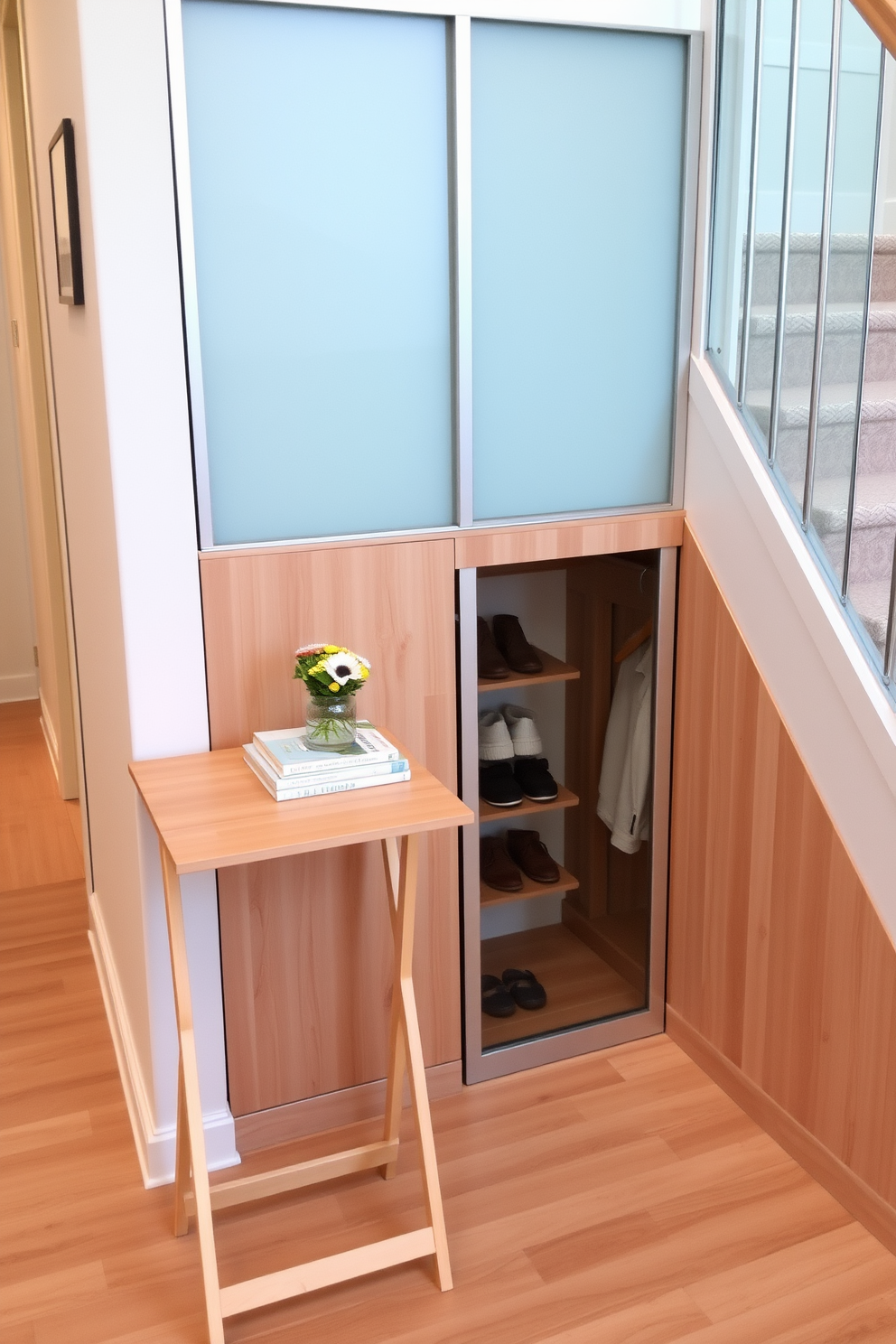 A versatile foldable table is positioned against a wall, crafted from light wood with a sleek finish. This table is adorned with a small vase of fresh flowers and a stack of neatly arranged books, making it perfect for occasional use. The small closet under the staircase features sliding doors made of frosted glass, providing a modern touch. Inside, the space is organized with shelves for shoes and a hanging rod for coats, maximizing functionality while maintaining a clean aesthetic.