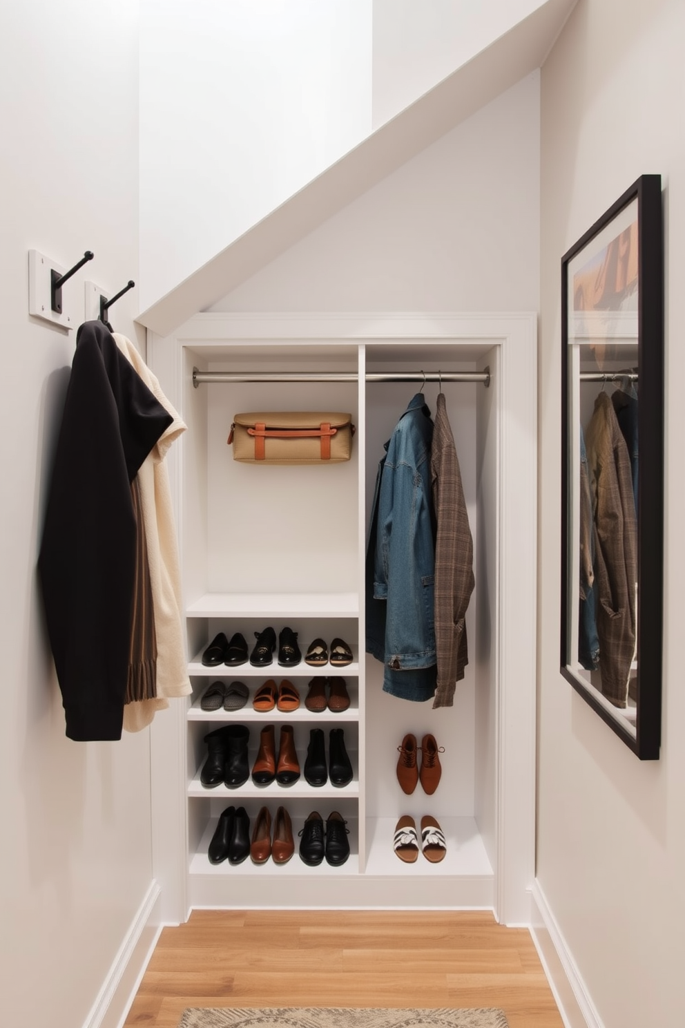 A small closet designed under the staircase features wall hooks for easy access to frequently used items. The interior is organized with shelves for shoes and a hanging rod for coats, maximizing the use of vertical space.