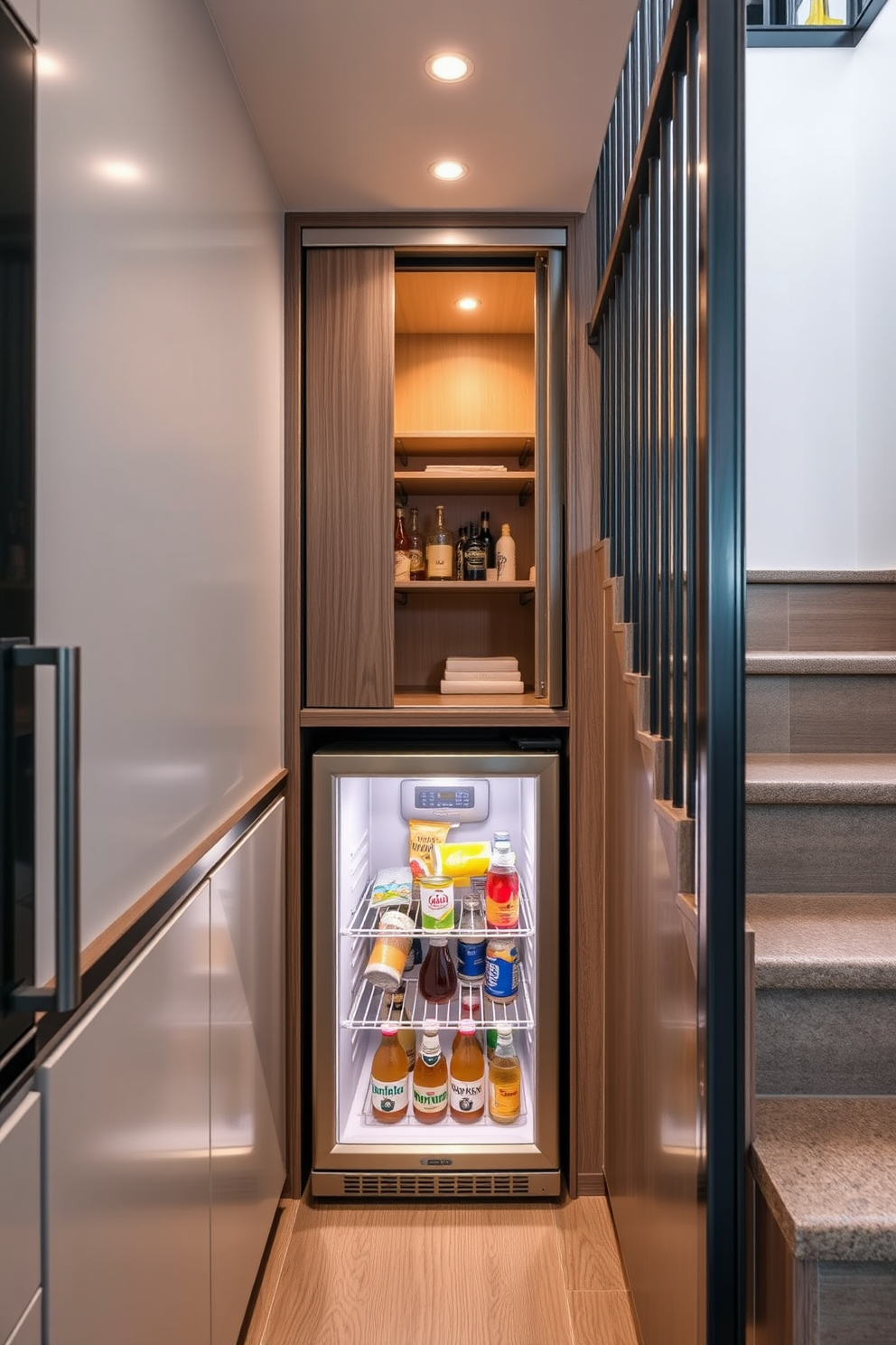 A compact fridge designed for beverages and snacks is integrated into the cabinetry of a modern kitchen. It features a sleek stainless steel finish and is positioned next to a stylish countertop, providing easy access to refreshments. A small closet is cleverly designed under the staircase, maximizing space while maintaining aesthetic appeal. It includes built-in shelves for storage and a sliding door that blends seamlessly with the surrounding wall.