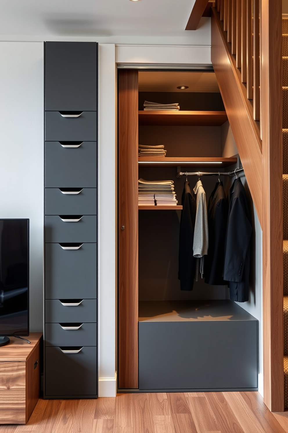 A vertical file storage unit designed for paperwork is positioned against a wall, featuring multiple compartments for organized document management. The unit is crafted from sleek metal with a matte finish, complemented by soft LED lighting that highlights its modern aesthetic. The small closet under the staircase is ingeniously designed to maximize space, featuring built-in shelves and hanging rods for efficient storage. The door is a chic sliding style, finished in a warm wood tone that adds a cozy touch to the overall design.