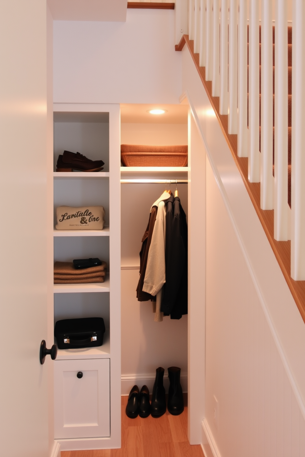 A cozy small closet under the staircase features built-in shelving and a hanging rod for clothes. Soft lighting fixtures illuminate the space, making it feel warm and inviting while maximizing functionality.