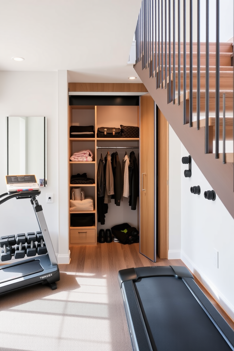 A small space gym featuring sleek storage solutions for equipment. The room is bright with natural light and equipped with a compact treadmill, dumbbells, and a wall-mounted rack for yoga mats. A small closet tucked under the staircase designed for maximum efficiency. The space includes built-in shelving, hooks for coats, and a sliding door that blends seamlessly with the staircase.