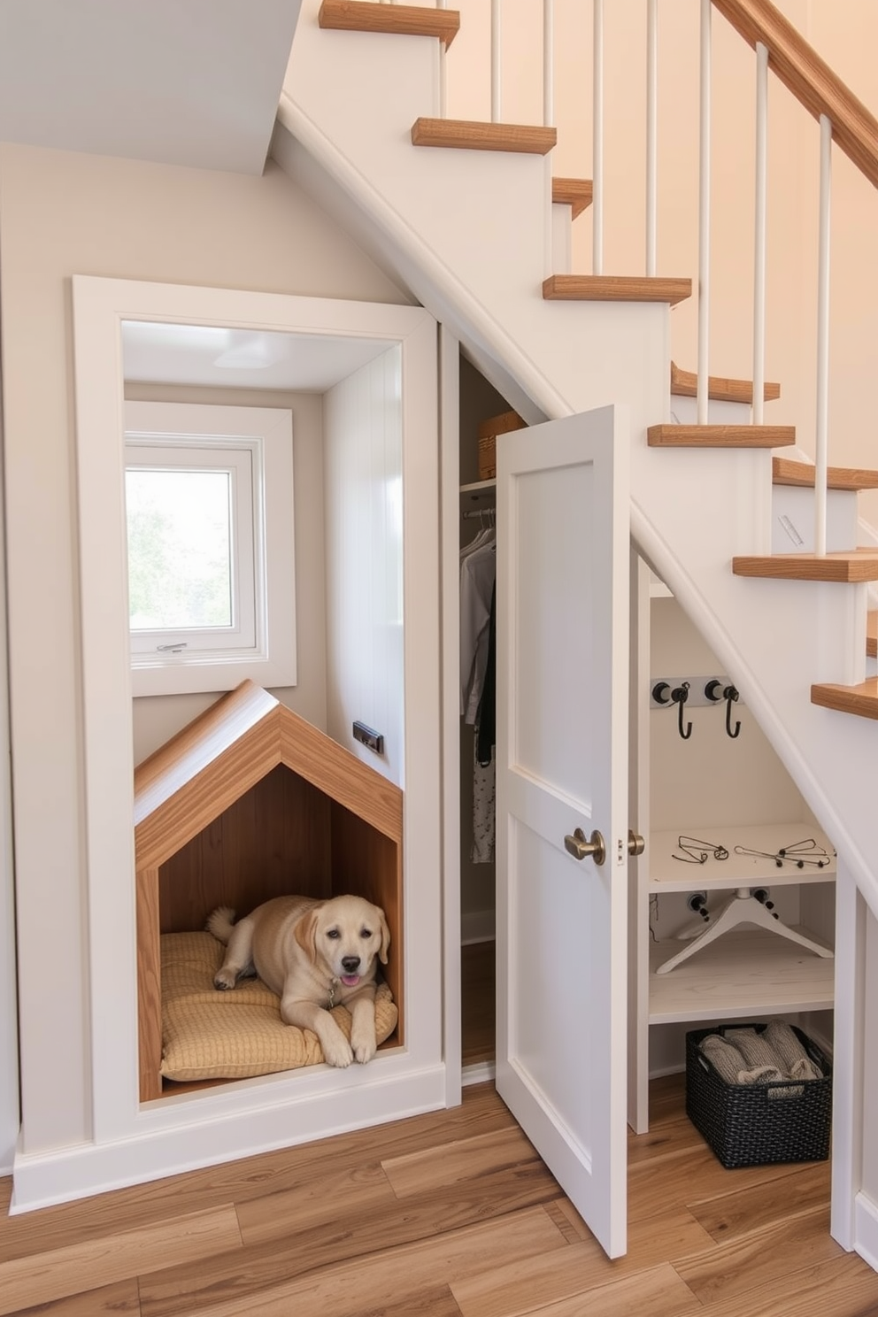 A cozy built-in dog house designed for furry friends. It features a comfortable bed, a small window for natural light, and a sliding door for easy access. An innovative small closet design under the staircase. The closet includes shelves for storage, hooks for hanging items, and a stylish door that blends seamlessly with the staircase.