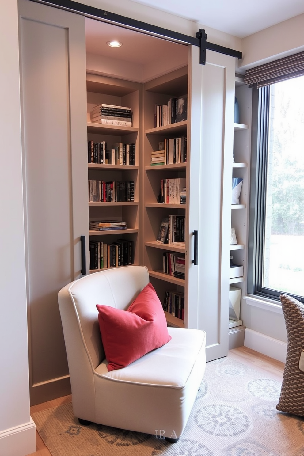 Cozy reading nook with cushions. A plush armchair is positioned next to a large window, surrounded by shelves filled with books and soft lighting. Small closet under staircase design ideas. The closet features sliding doors and built-in shelving, maximizing storage while maintaining a sleek and organized appearance.