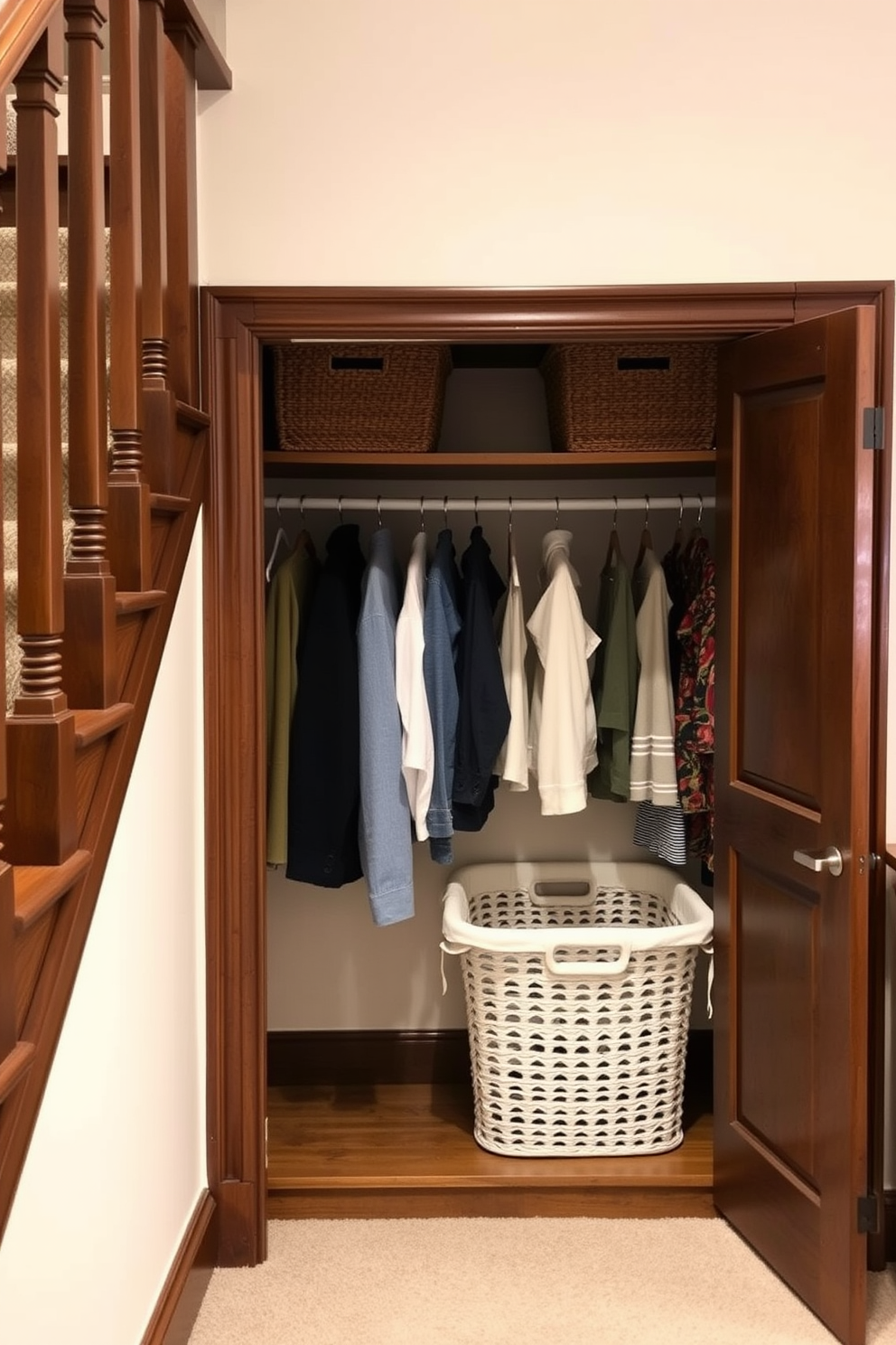 Create a cozy and functional small closet under the staircase. Incorporate a hidden laundry basket for discreet storage, ensuring easy access while maintaining a clean aesthetic.