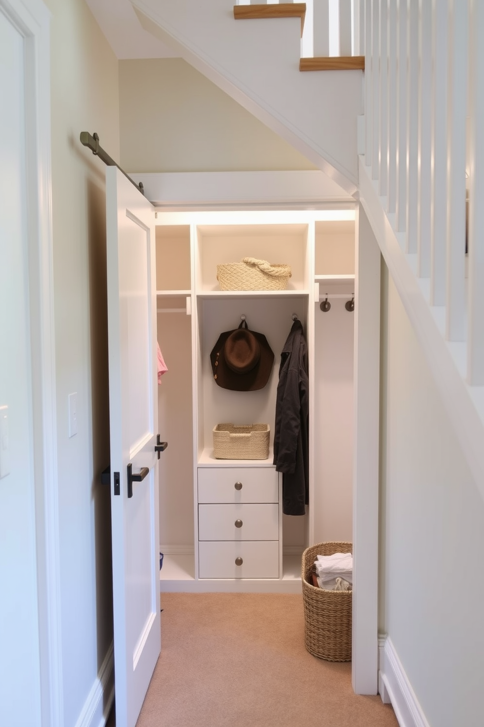 A cozy small closet is designed under the staircase with sliding doors for easy access. The interior features built-in shelves and hooks for efficient storage, painted in a soft white to enhance the space.