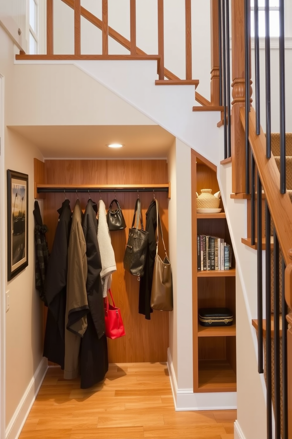 A cozy hidden pet nook designed under the staircase. The nook features a soft bed, a small shelf for toys, and a decorative door that blends seamlessly with the staircase. A functional small closet under the staircase that maximizes storage. The design includes built-in shelves, hooks for coats, and a compact shoe rack to keep everything organized.