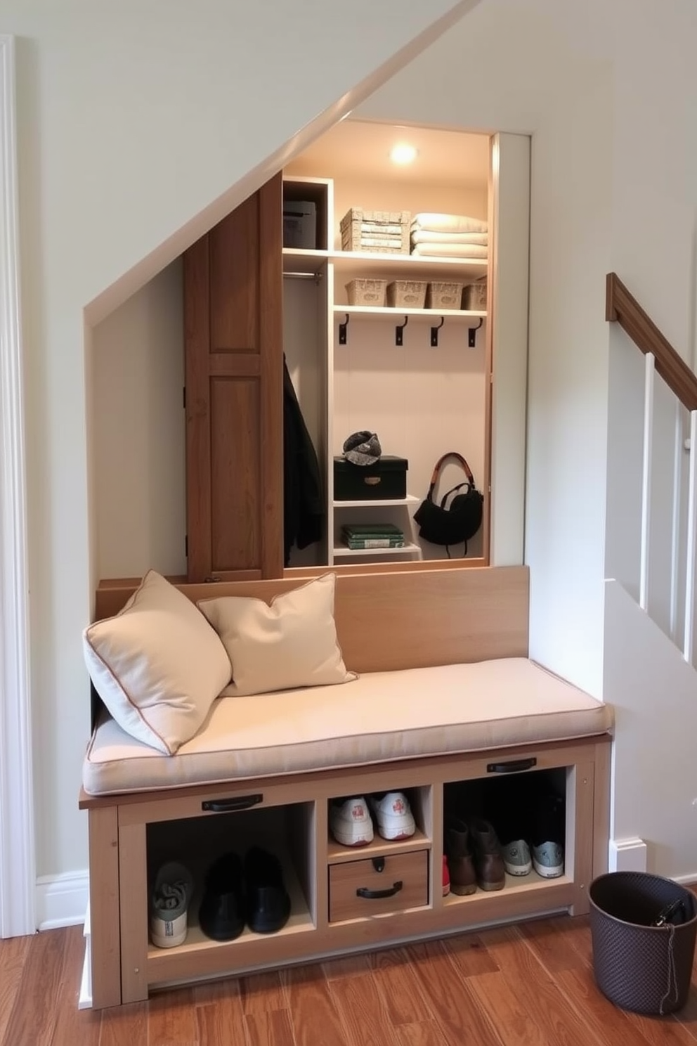 A creative pantry featuring pull-out shelves designed for optimal organization and accessibility. The shelves are lined with elegant glass jars filled with colorful ingredients, while soft ambient lighting illuminates the space. A small closet under the staircase designed to maximize storage while maintaining a stylish appearance. The closet includes custom shelving and hooks, with a chic sliding door that blends seamlessly with the surrounding decor.