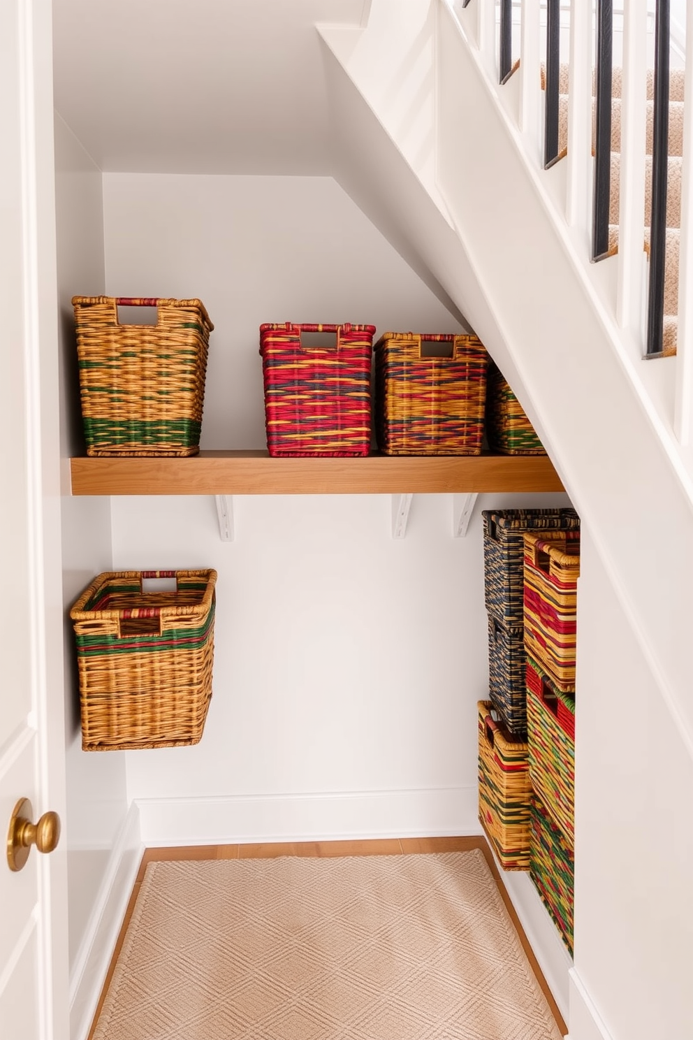 A small closet under a staircase features colorful woven baskets neatly arranged on wooden shelves. The walls are painted in a light neutral tone, and a soft rug adds warmth to the space.