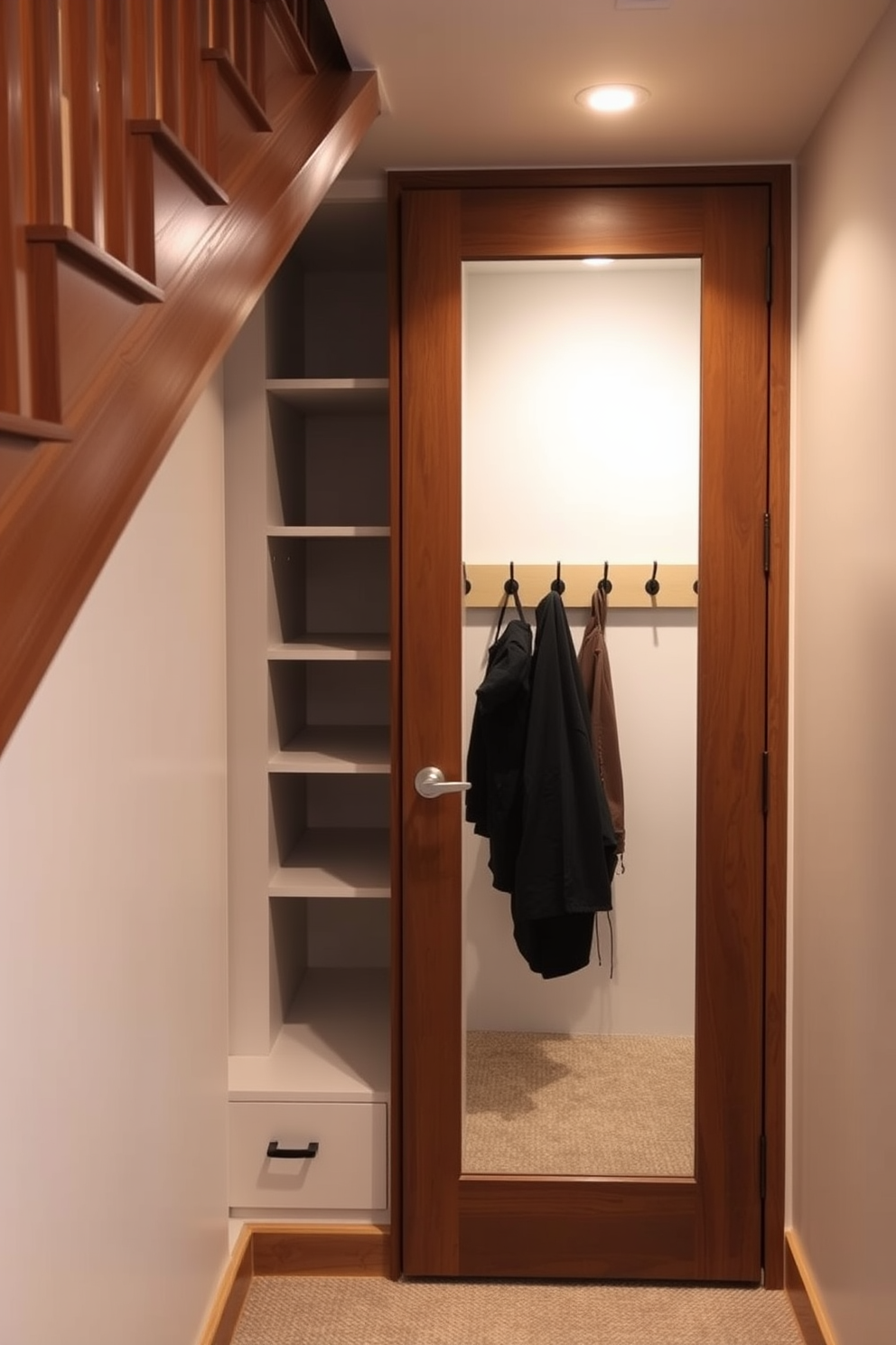 A mirror is installed on the door of a small closet located under the staircase to create an illusion of more space. The closet features built-in shelving and hooks for efficient storage while maintaining a sleek and modern aesthetic.