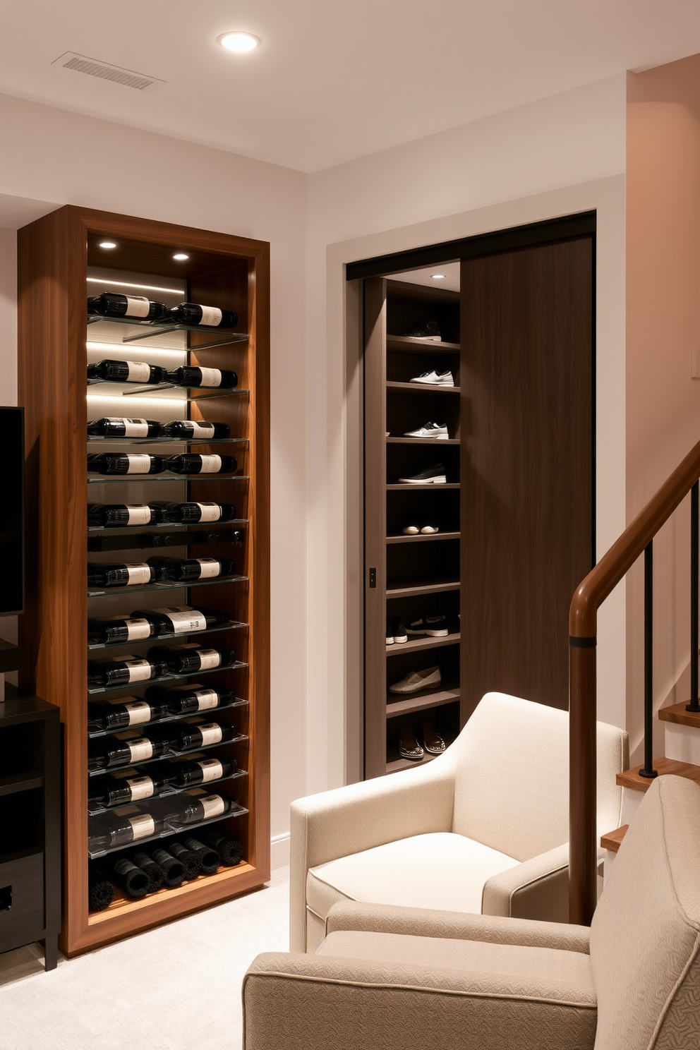 A wine rack elegantly integrated into the living room design features a sleek wooden frame with glass shelving. The rack is positioned next to a cozy seating area with plush armchairs, creating a perfect spot for wine tasting. The small closet under the staircase is designed with built-in shelves and a sliding door for easy access. Soft lighting illuminates the space, showcasing neatly organized storage for shoes and seasonal items.