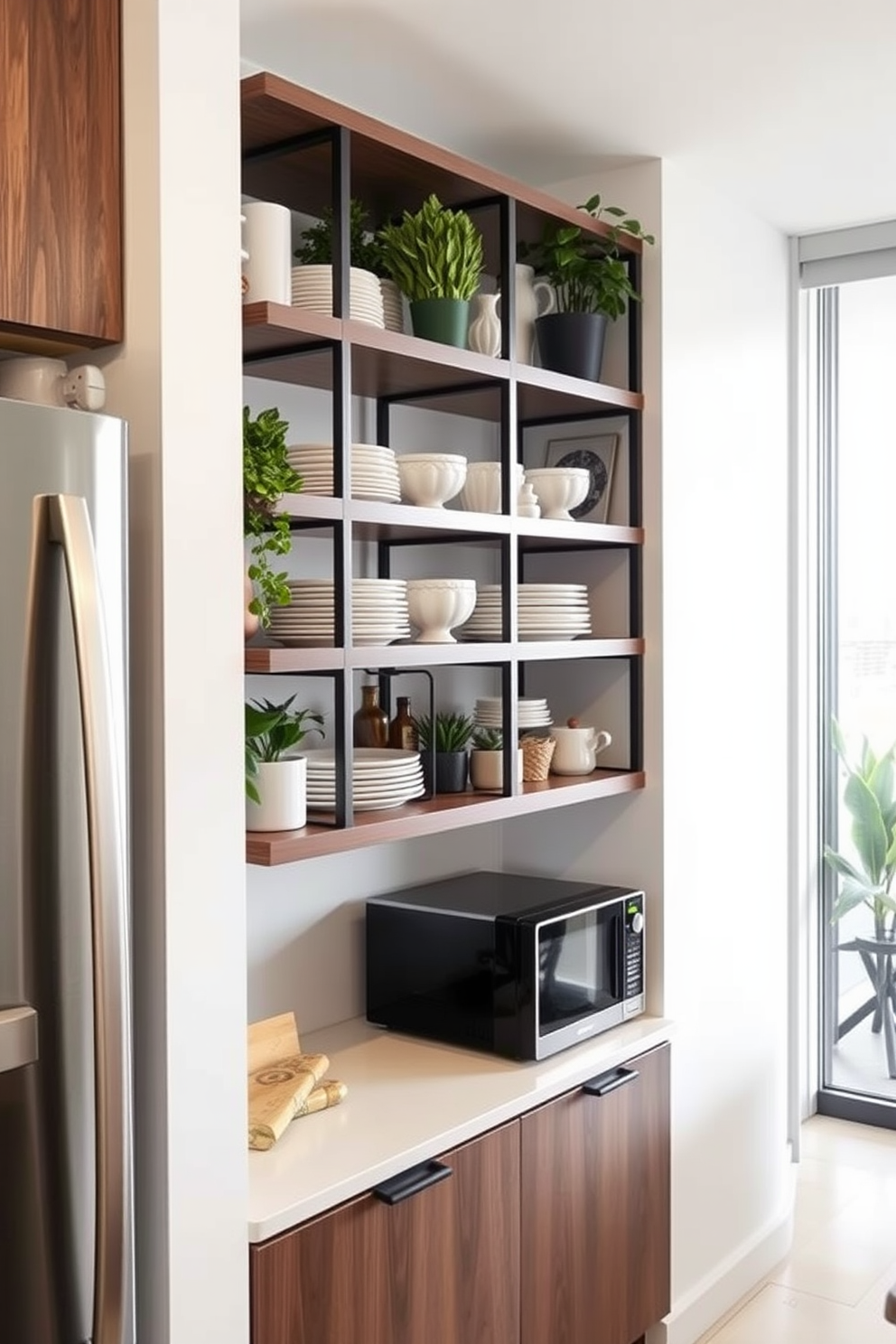 A modern small condo kitchen featuring open shelving to maximize vertical space. The shelves are filled with stylish dishware and decorative plants, creating an inviting atmosphere.