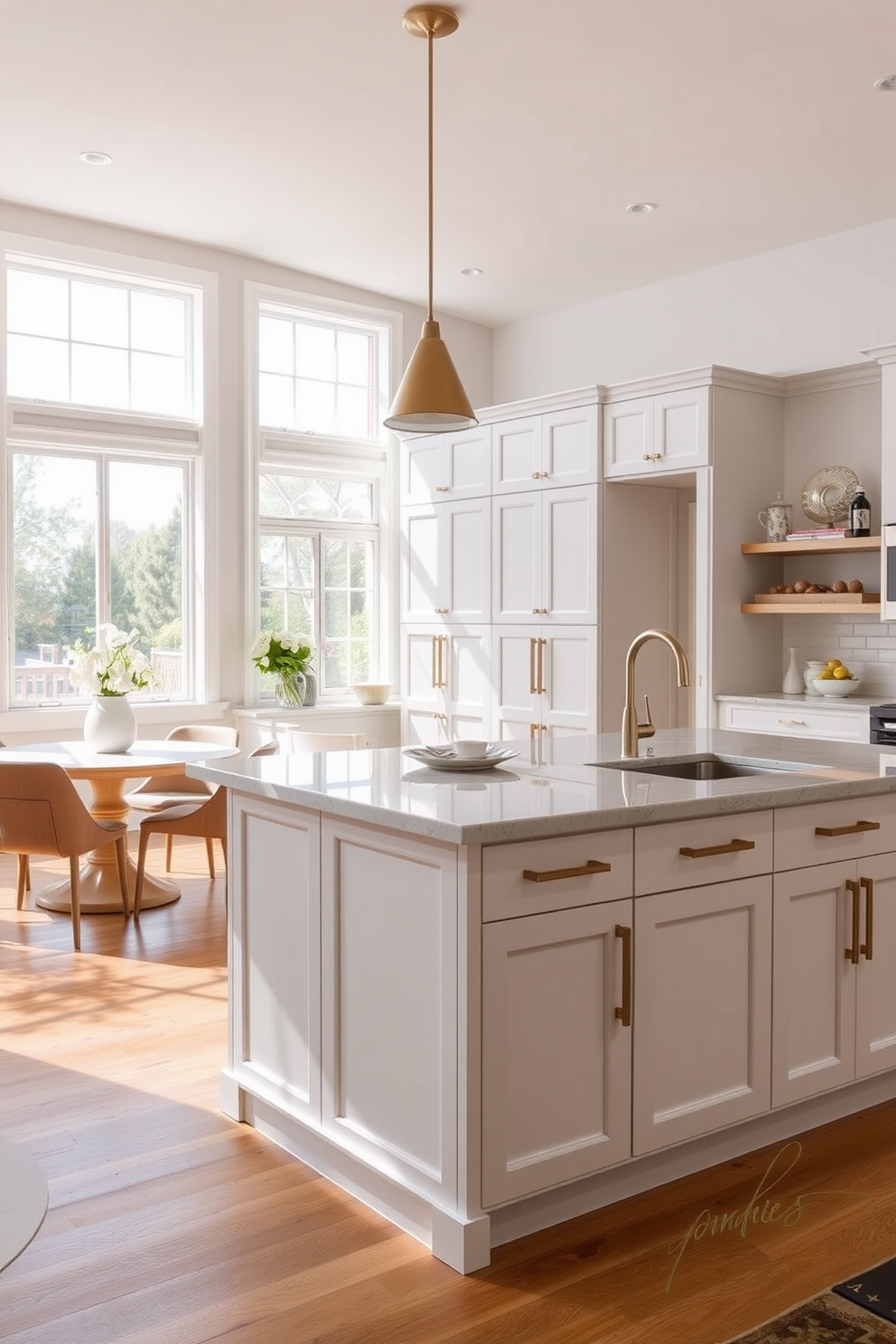 A contemporary open concept kitchen featuring a spacious island with bar seating. The cabinetry is a sleek white with gold hardware, and the countertops are a polished quartz with subtle veining. Natural light floods the space through large windows, highlighting the warm wood flooring. A cozy dining area with a round table and stylish chairs complements the kitchen design.