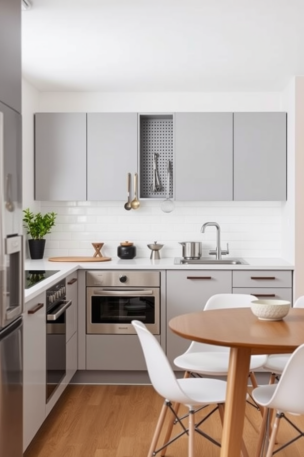 A modern condo kitchen featuring a sleek layout with pegboards utilized for hanging utensils. The color scheme includes soft gray cabinets paired with a white subway tile backsplash and a compact dining area with minimalist furniture.