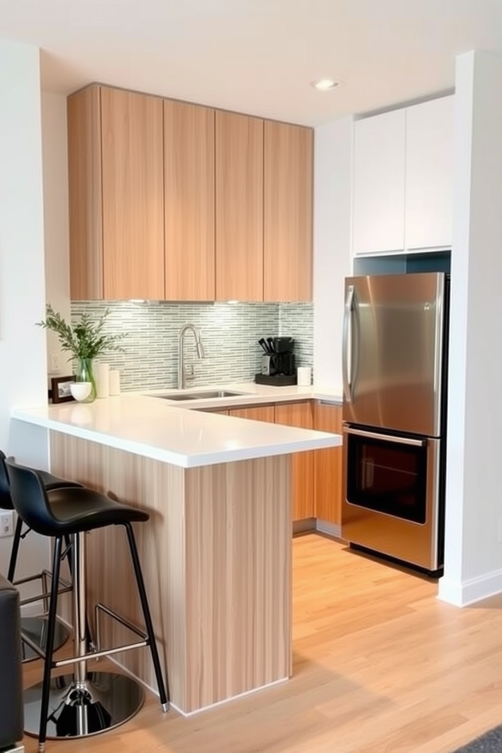 A small condo kitchen designed for casual dining features a sleek countertop with modern bar stools positioned along one side. The cabinetry is a blend of light wood and white finishes, creating an open and airy feel, while a stylish backsplash adds a pop of color.