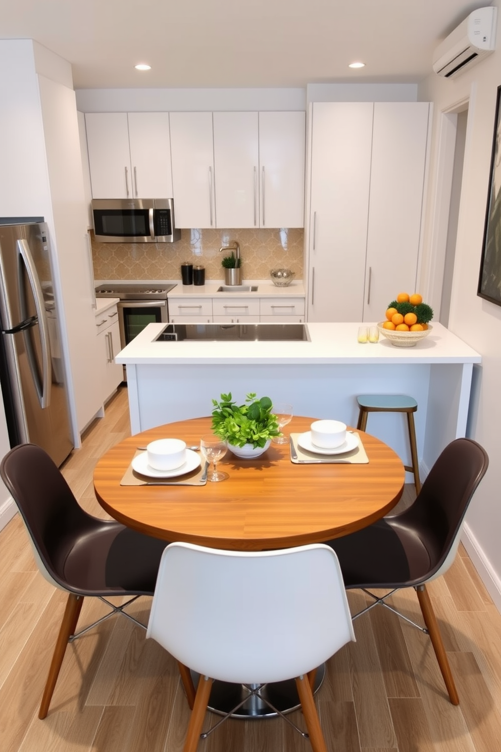 A compact dining table design featuring a round wooden table with sleek, modern chairs. The table is set for two, adorned with a minimalist centerpiece of fresh greenery and elegant tableware. Small condo kitchen design ideas showcasing an open layout with a space-saving island. The kitchen features white cabinetry, stainless steel appliances, and a stylish backsplash that adds a pop of color.