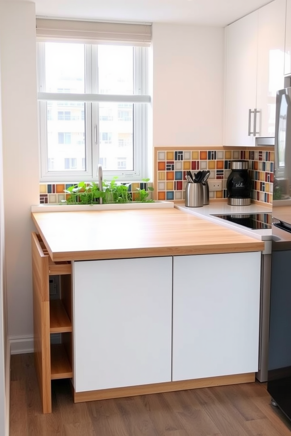 A contemporary kitchen in a small condo featuring a foldable kitchen table that seamlessly blends with the cabinetry. The table is made of light wood and can be tucked away when not in use, maximizing the space available. The kitchen includes sleek, modern appliances with a minimalist design and white cabinetry that enhances the bright atmosphere. A backsplash of colorful tiles adds a vibrant touch, while a small herb garden sits on the windowsill for a fresh and inviting feel.