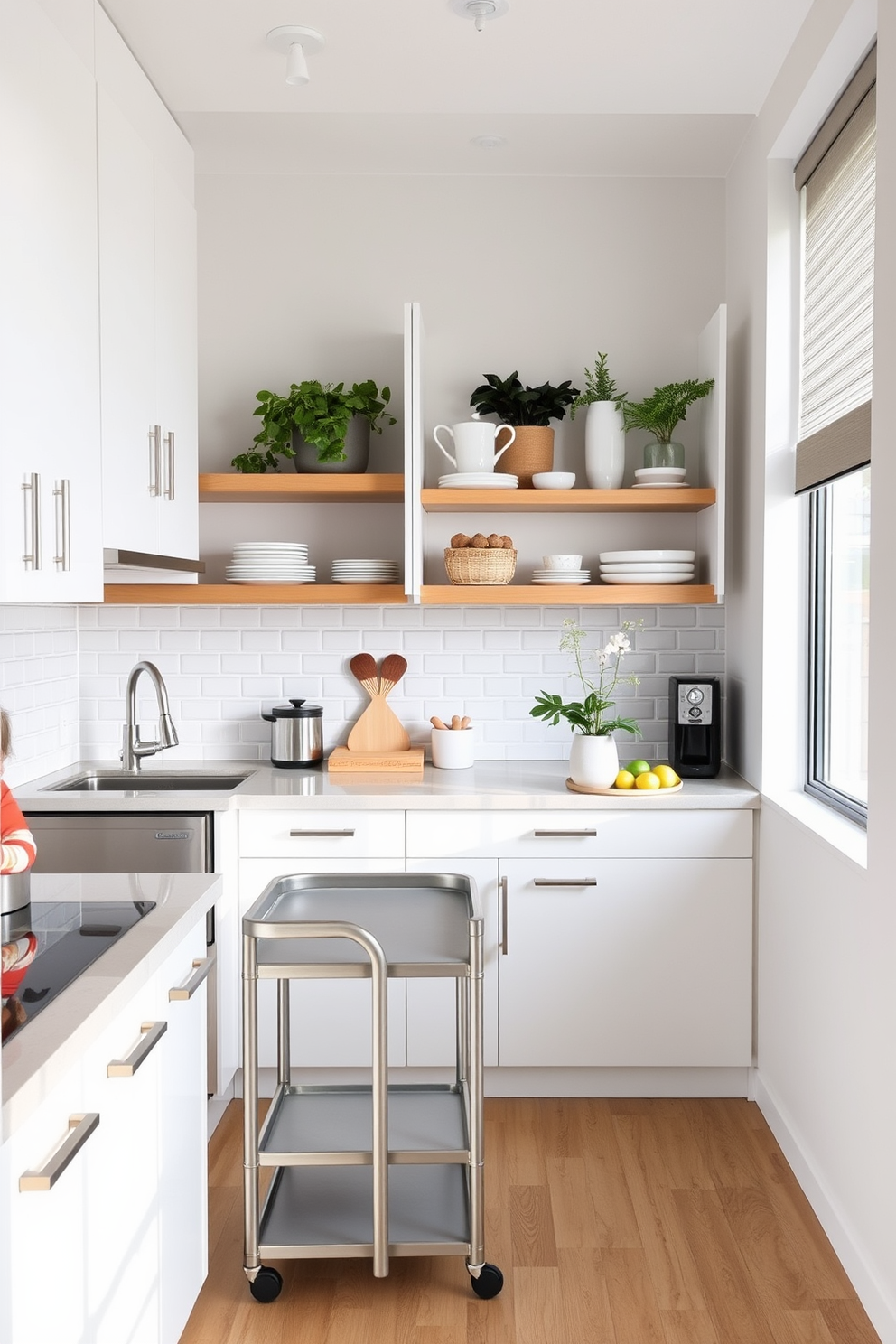 A modern small condo kitchen featuring a sleek rolling cart for extra storage. The kitchen has white cabinets with brushed nickel hardware and a compact island with bar stools for casual dining. The countertops are a light gray quartz, complemented by a stylish backsplash in soft pastel tiles. Natural light floods the space through a large window, highlighting the open shelving adorned with potted herbs and decorative dishware.