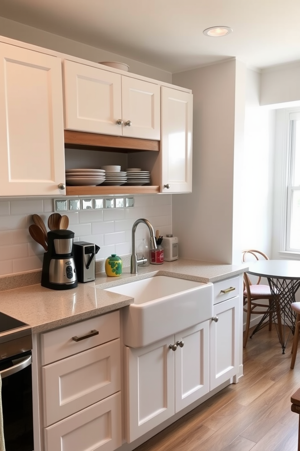 A cozy condo kitchen featuring a charming farmhouse sink as the focal point. The cabinetry is painted in soft white, complemented by rustic wooden shelves displaying vibrant dishware. The countertops are made of light gray quartz, providing a modern contrast to the farmhouse sink. A small dining nook with a round table and comfortable chairs is nestled beside a window, allowing natural light to flood the space.