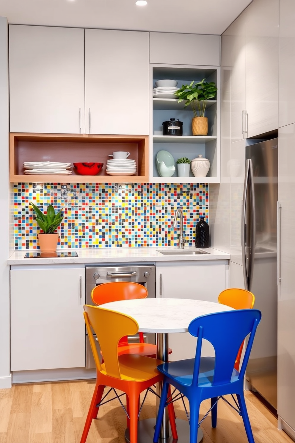 A small condo kitchen features vibrant backsplash tiles in a mosaic pattern that adds a splash of color to the space. The cabinetry is sleek and modern, with open shelving displaying stylish dishware and plants for a touch of greenery. The countertops are made of polished quartz, providing a clean and functional workspace. A compact dining table with colorful chairs is tucked into a corner, maximizing the use of space while creating an inviting atmosphere.