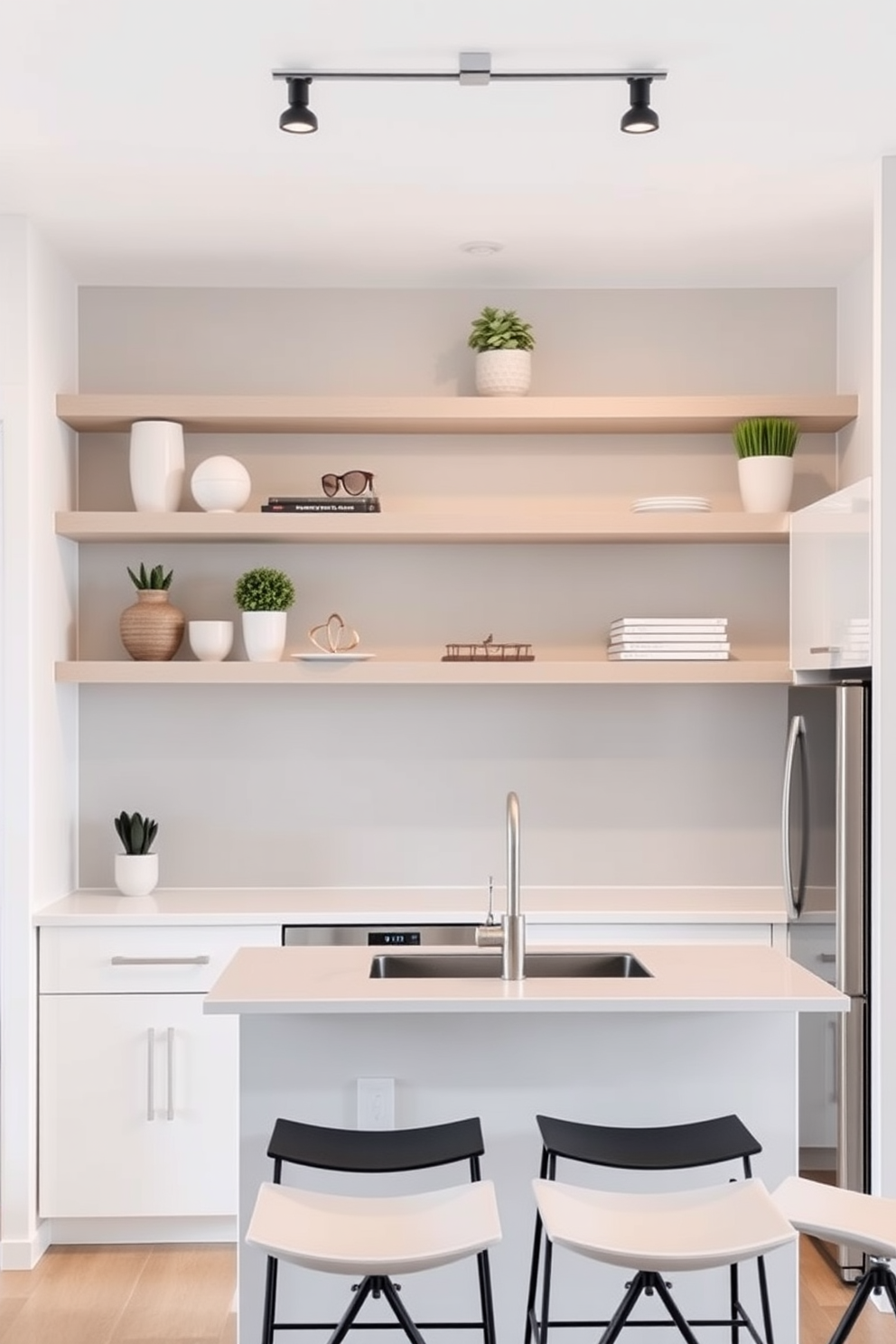 A modern small condo kitchen featuring sleek floating shelves that showcase decorative items and plants. The cabinetry is a soft white, complemented by stainless steel appliances and a minimalist island with bar stools.