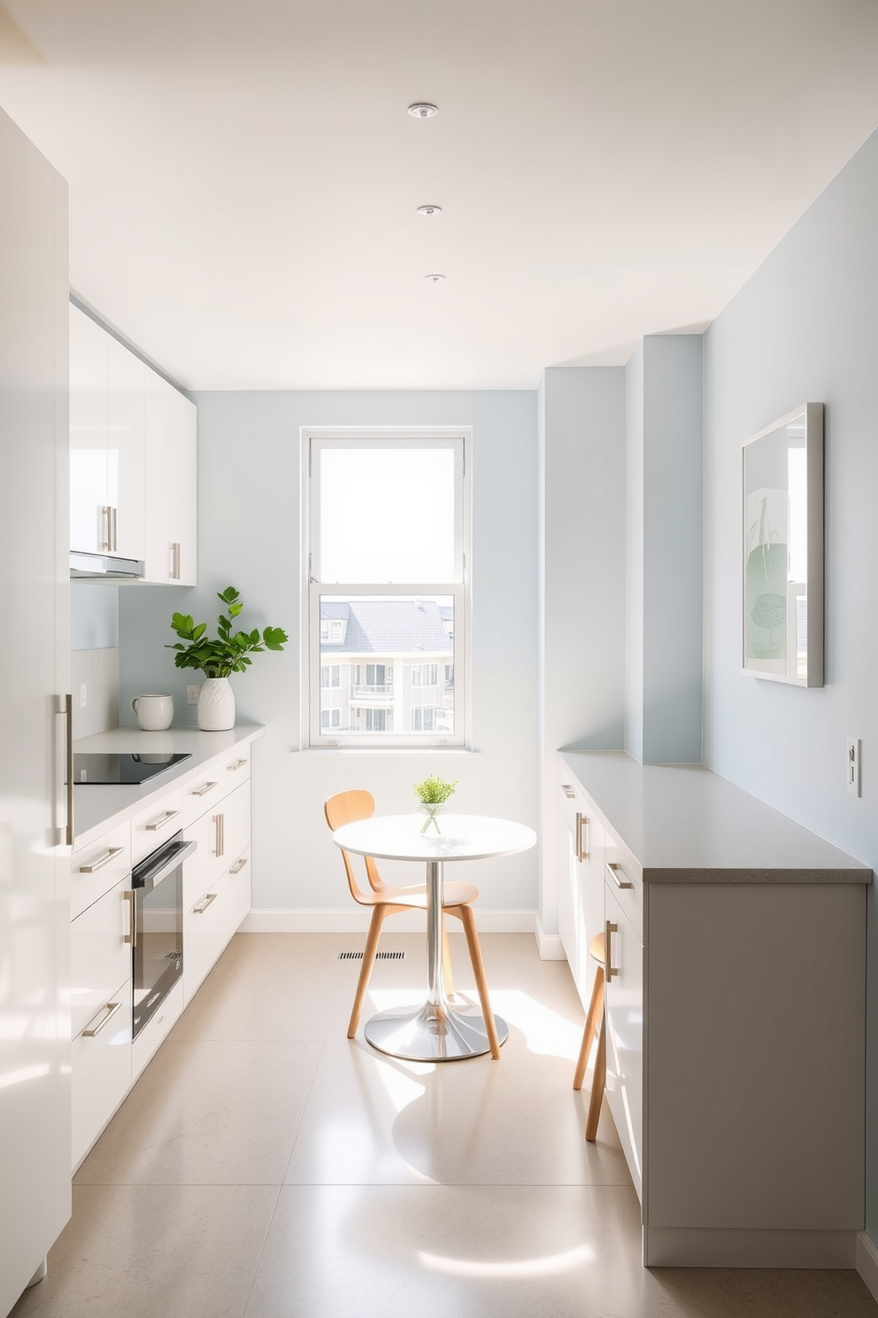 A bright and airy small condo kitchen featuring light-colored cabinetry and countertops. The space includes a cozy dining nook with a small round table and two chairs, illuminated by natural light from a large window. The backsplash is a simple white tile that complements the light wood flooring. Open shelving displays neatly arranged dishware and potted herbs, adding a touch of greenery to the design.