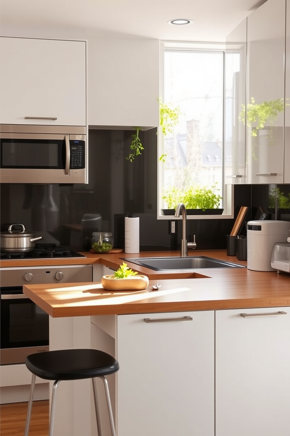 A small condo kitchen featuring sleek cabinetry with integrated drawer dividers for optimal organization. The countertops are a light quartz material, and the backsplash showcases a subtle geometric tile pattern in soft grays. A compact dining area is included, with a round wooden table and modern chairs that complement the kitchen's aesthetic. Natural light floods the space through a large window, enhancing the open and airy feel of the kitchen.