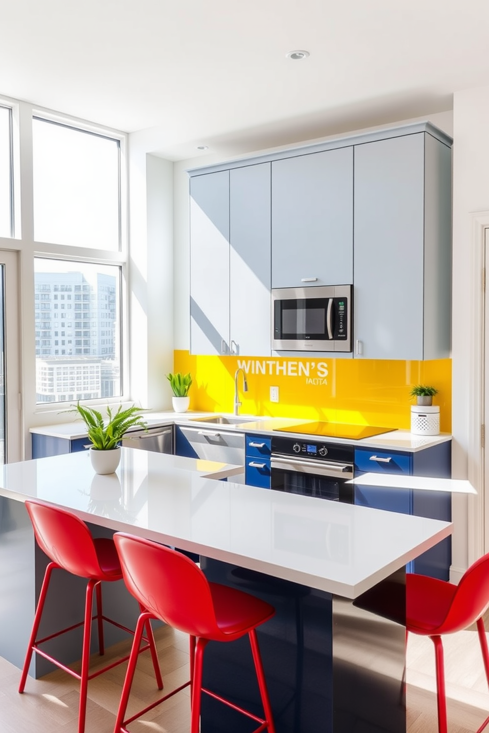 A small condo kitchen features sleek cabinetry painted in a soft gray with bold navy blue accents on the island. The countertops are a striking white quartz, complemented by a vibrant yellow backsplash that adds a pop of color to the space. Modern bar stools in a bright red sit at the island, creating a lively contrast against the neutral tones. Large windows allow natural light to flood the kitchen, enhancing the airy and inviting atmosphere.