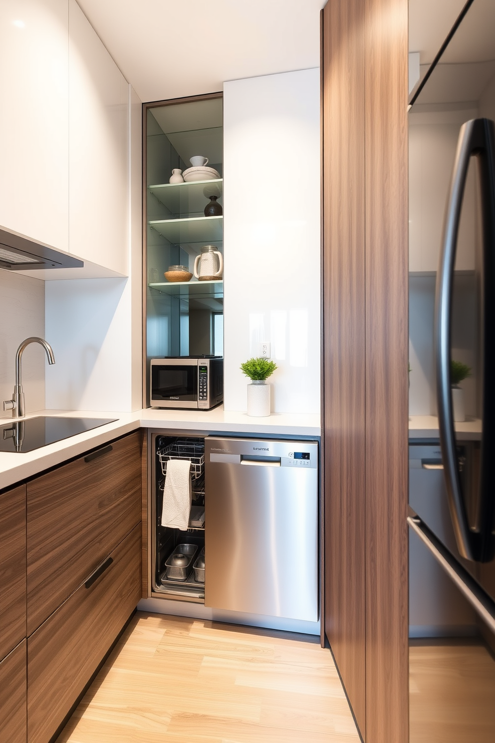 A modern small condo kitchen featuring sleek glass cabinets that elegantly showcase colorful dishware. The countertops are made of polished quartz, complemented by a stylish backsplash of subway tiles in a soft white hue.