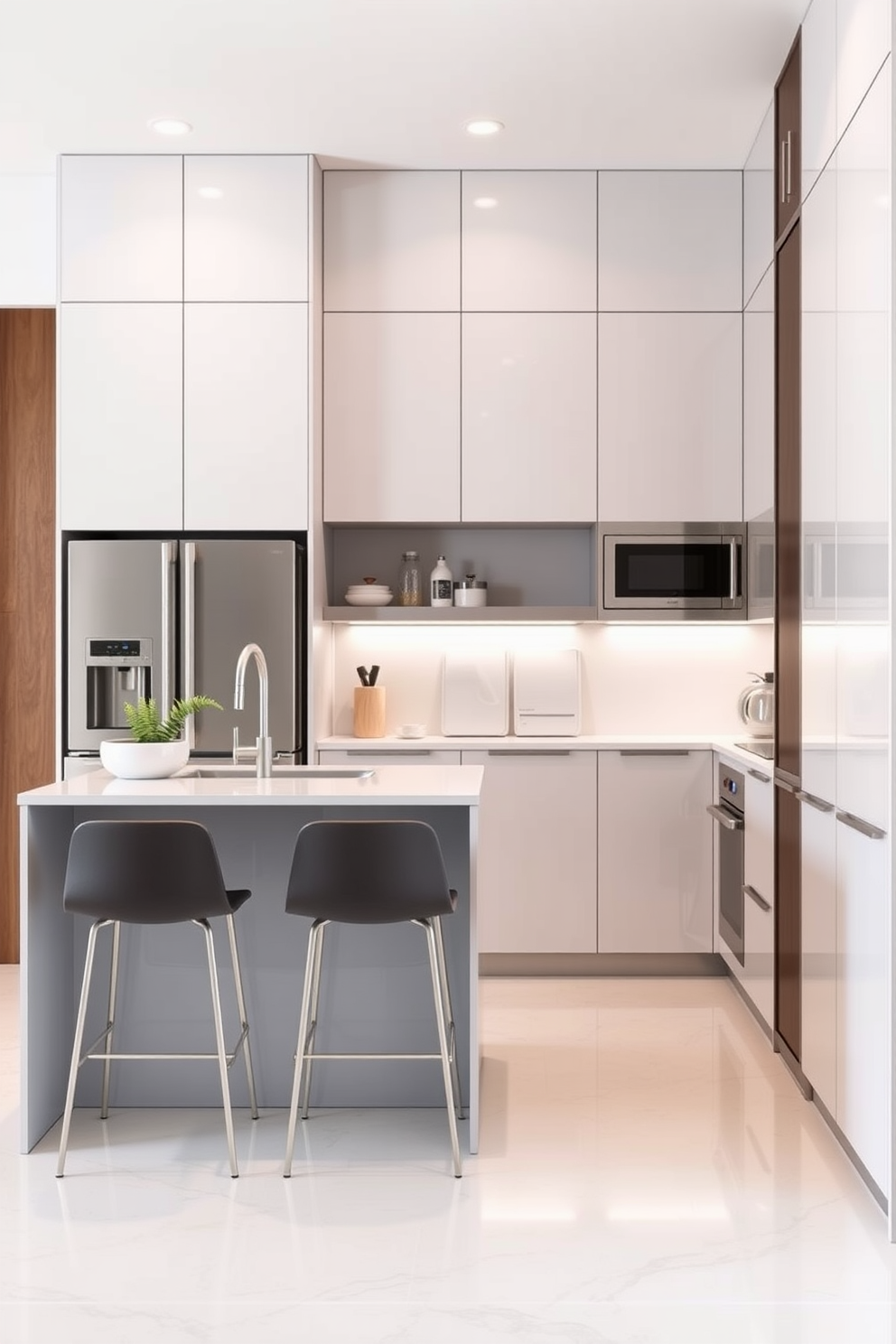 A sleek and modern condo kitchen design features cabinetry with clean lines and a glossy finish. The color palette includes white and gray tones, creating an airy and spacious feel. Incorporate a compact island with bar seating to maximize functionality. Use stainless steel appliances and minimalist fixtures to enhance the contemporary aesthetic.