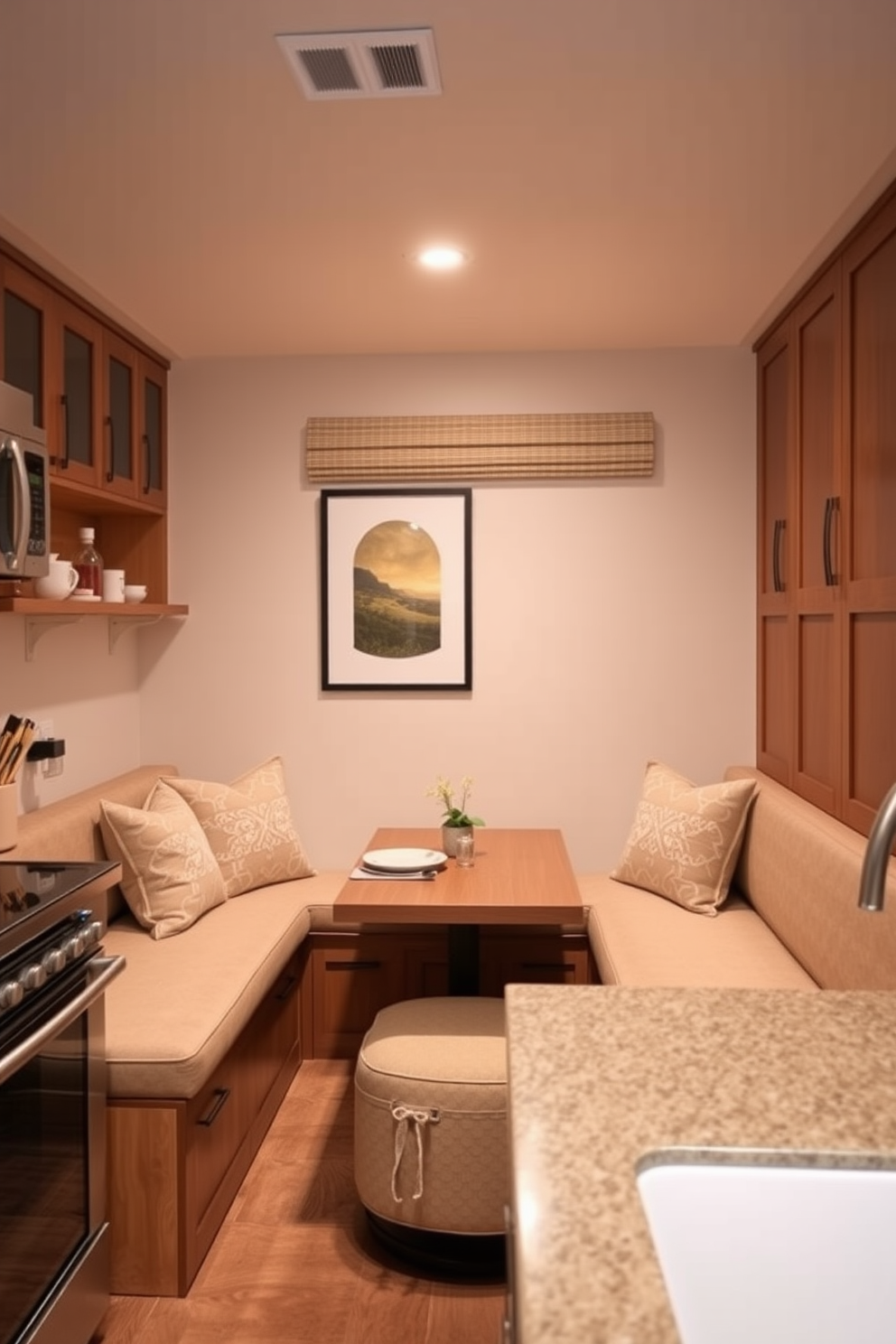 A cozy small condo kitchen design featuring built-in seating along one wall. The seating area includes plush cushions and a small dining table, creating a comfortable space for meals and gatherings.