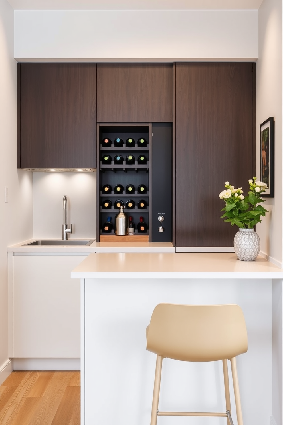 A small condo kitchen design featuring a compact layout with a small wine rack integrated into the cabinetry for storage. The countertops are sleek and modern, complemented by minimalist bar stools at a small breakfast nook.