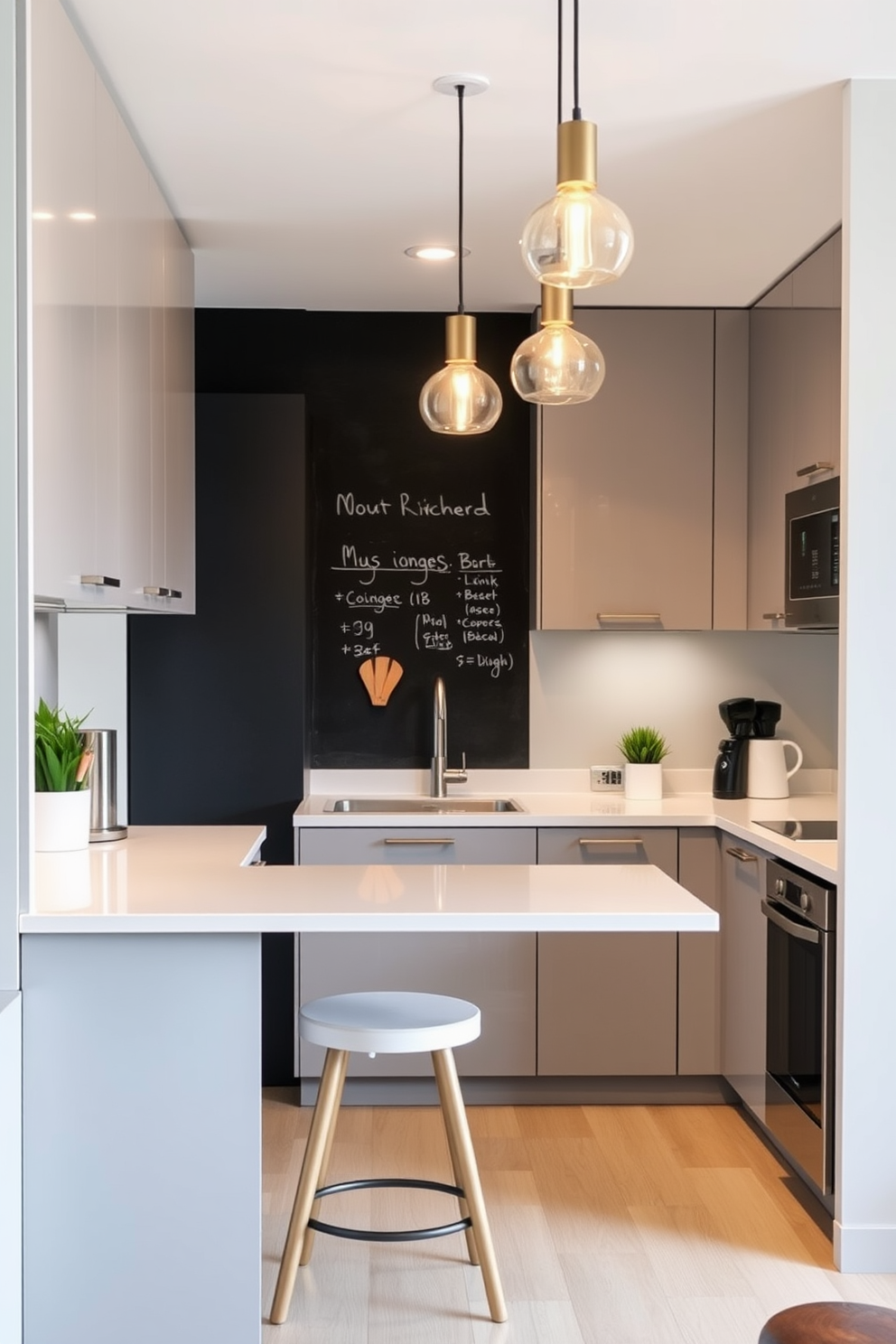 A compact kitchen design featuring a sleek and modern compact dishwasher seamlessly integrated into the cabinetry. The layout maximizes space with open shelving, a small island for additional prep area, and contemporary appliances in a minimalist color palette.