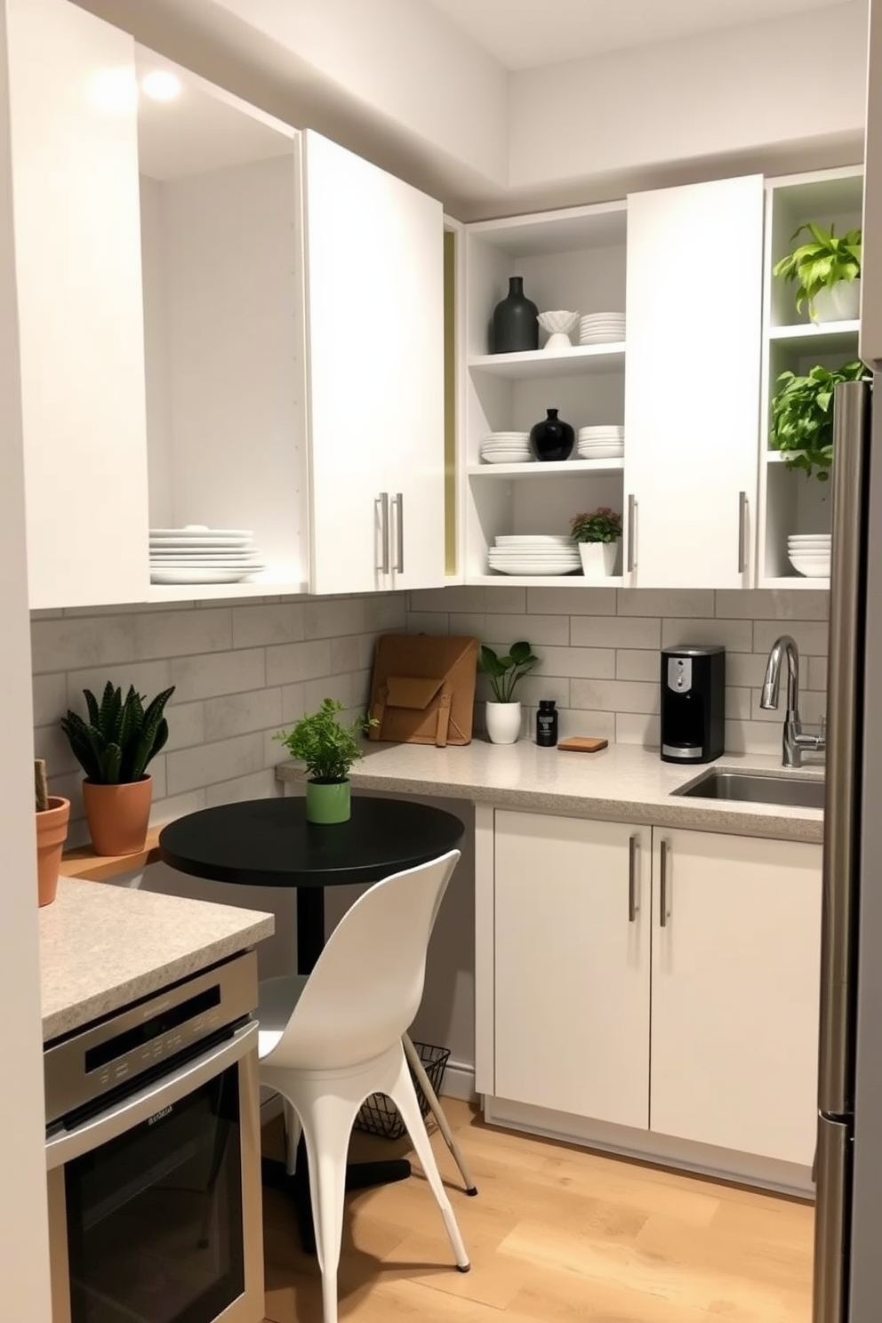 A stylish small condo kitchen featuring a blend of open and closed storage solutions. The cabinetry is a mix of sleek white doors and open shelving showcasing decorative dishware and plants. The countertops are a light gray quartz, complemented by a chic backsplash of subway tiles. A compact dining nook with a round table and two modern chairs is nestled by the window, creating an inviting space for meals.