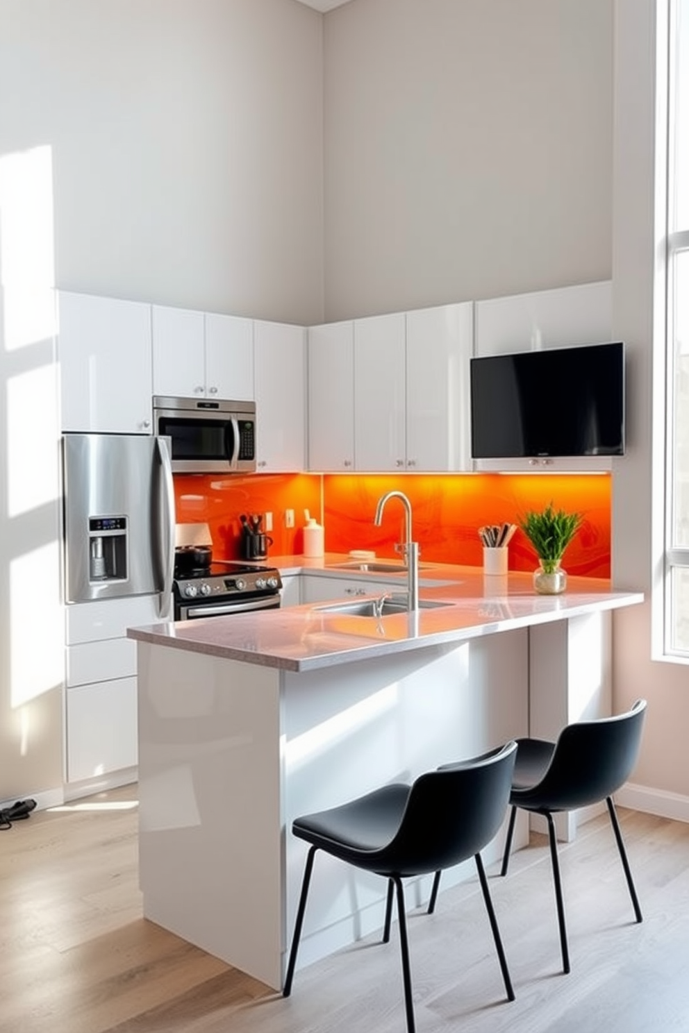 A small condo kitchen featuring a foldable dining table that seamlessly blends into the space. The kitchen is designed with sleek cabinetry in a soft gray finish and a stylish backsplash that adds a pop of color. Natural light floods the room through a large window, illuminating the compact yet functional layout. The foldable dining table is set against the wall, adorned with minimalist decor and ready for casual meals or entertaining guests.