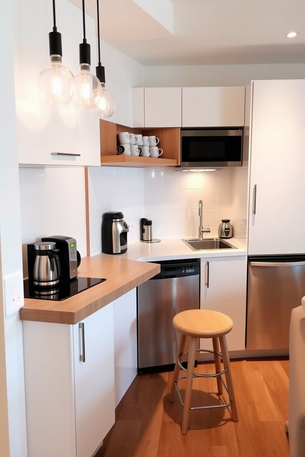 A small condo kitchen featuring sleek cabinetry in a soft white finish. The countertops are made of light gray quartz, providing a clean and modern look. Add a pop of color with decor items such as vibrant dishware and a bright fruit bowl on the countertop. A stylish backsplash in a bold blue hue contrasts beautifully with the neutral tones of the kitchen.