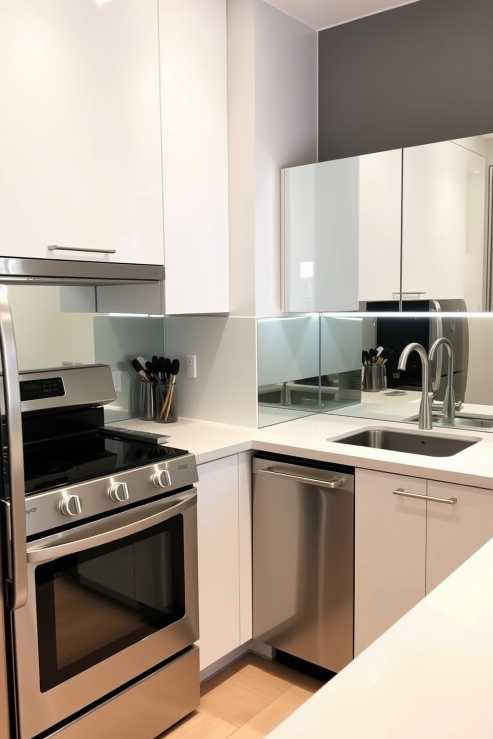 A chic small condo kitchen features mirrored backsplashes that enhance the sense of space and depth. The cabinetry is sleek and modern with a glossy finish, complemented by stainless steel appliances and minimalist hardware.