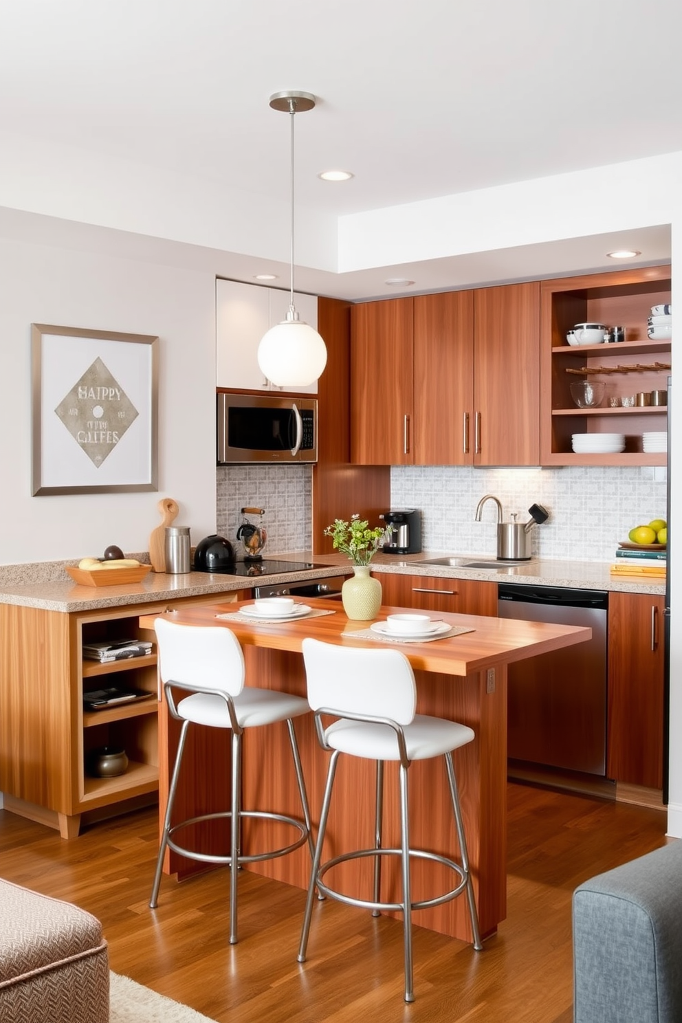 A modern condo kitchen featuring multi-functional appliances that maximize space efficiency. The layout includes a compact refrigerator with a built-in microwave above, and an island with an integrated cooktop and storage underneath. The cabinetry is sleek and minimalistic, painted in a light gray hue to enhance the sense of openness. A small dining area with a round table and two chairs is positioned near a large window, allowing natural light to flood the space.