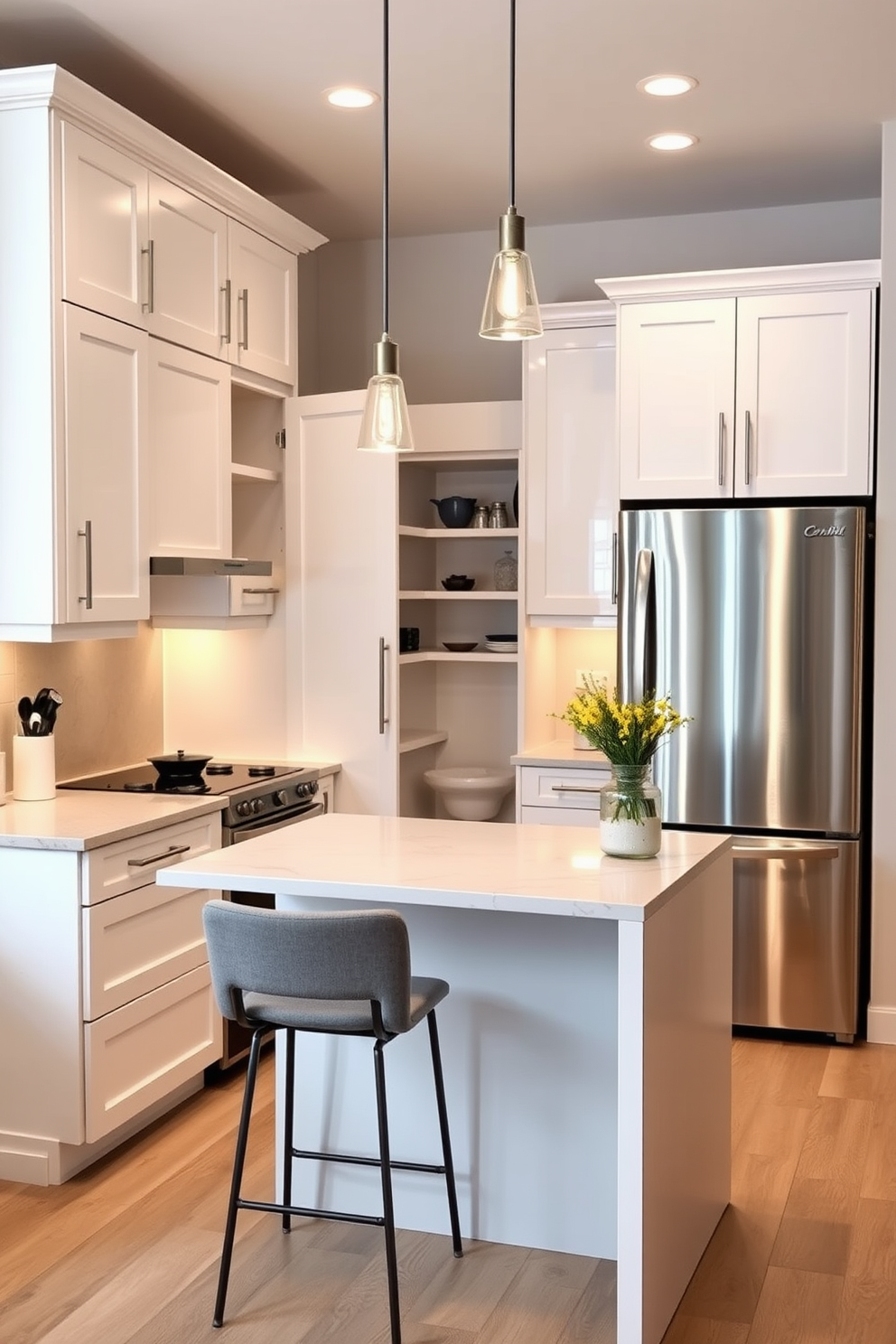 A stylish small condo kitchen featuring a pull-out pantry for efficient storage. The cabinetry is a sleek white with brushed nickel handles, and the countertops are a light gray quartz with subtle veining. The kitchen island doubles as a breakfast bar with two modern stools. Warm pendant lights hang above, illuminating the space while adding a touch of elegance.