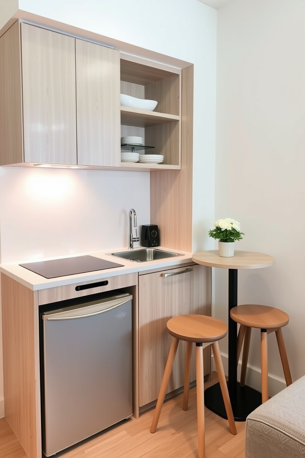 A modern small condo kitchen featuring compact appliances that maximize space efficiency. The layout includes a sleek countertop with a built-in induction cooktop and a space-saving refrigerator tucked beneath the cabinetry. The cabinets are finished in a light wood tone, creating an airy feel, while open shelving displays stylish dishware. A small dining nook with a round table and two stools is positioned against the wall, enhancing functionality without overcrowding the space.