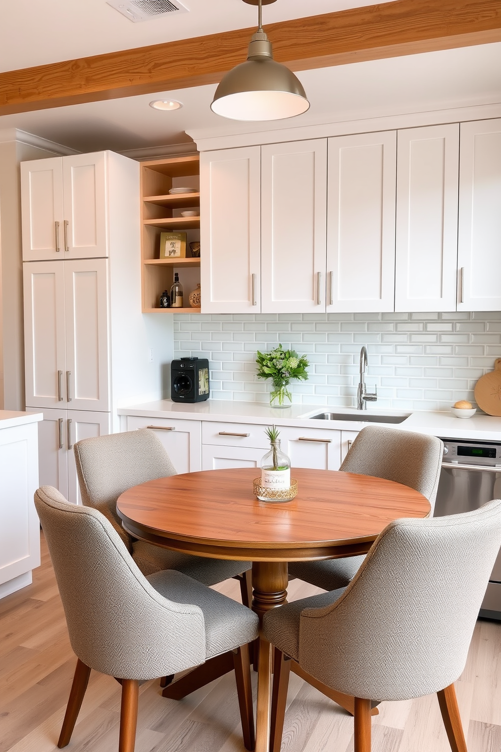 A cozy small condo kitchen featuring a charming breakfast nook. The nook is adorned with a round wooden table surrounded by upholstered chairs, creating an inviting space for morning meals. The kitchen cabinetry is sleek and modern, finished in a crisp white with brushed nickel hardware. A stylish backsplash in soft pastel tiles complements the warm wood accents throughout the space.