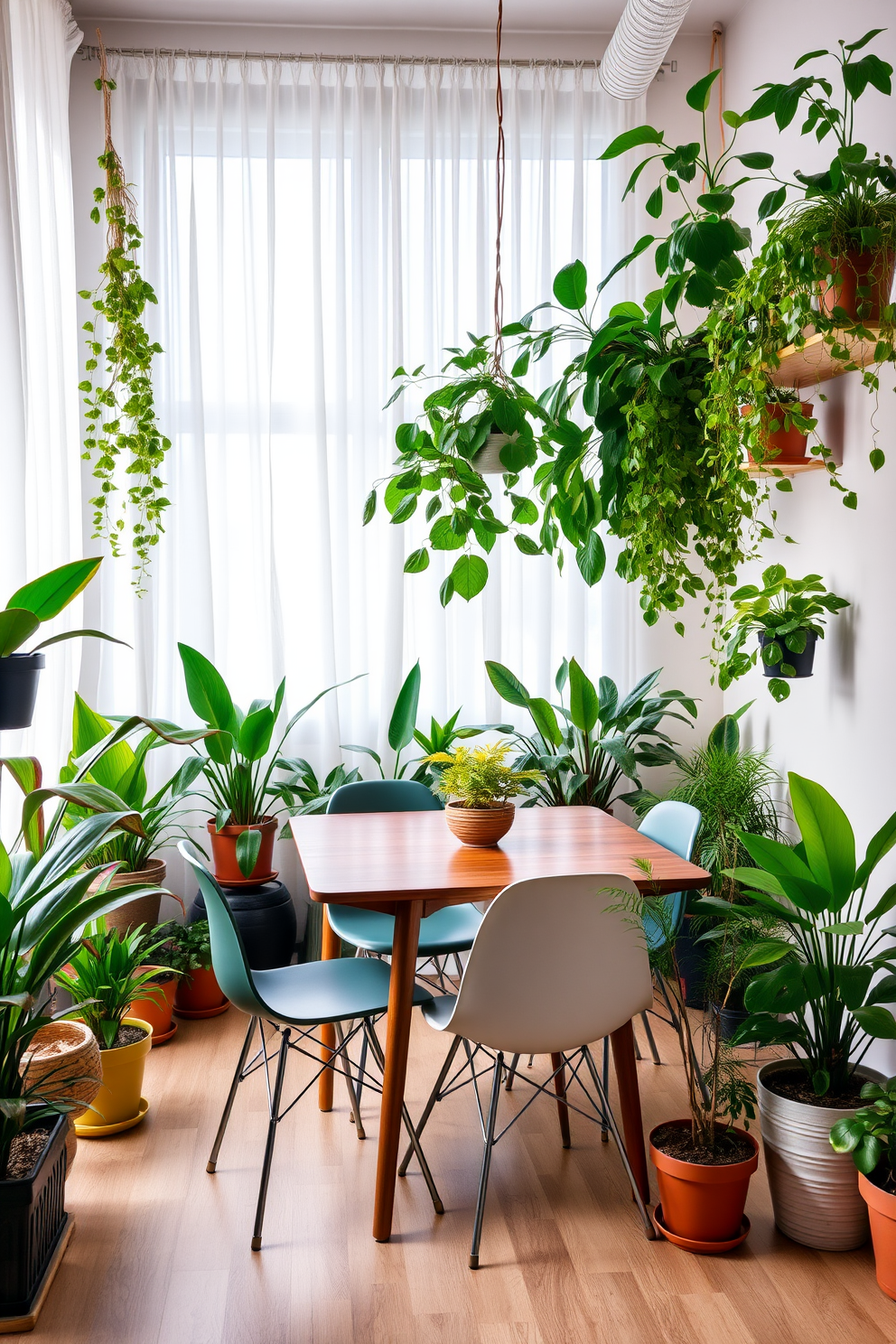 A small dining room filled with vibrant greenery. Potted plants of various sizes are strategically placed around the room, bringing a touch of nature indoors. The dining table is a sleek wooden design, surrounded by stylish chairs that complement the plants. Soft, natural lighting filters through sheer curtains, enhancing the inviting atmosphere.