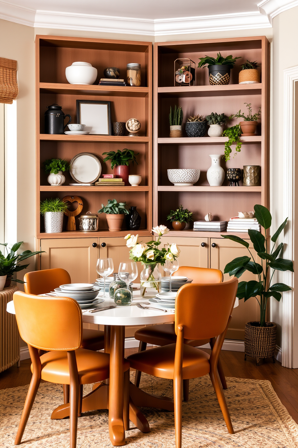 A cozy small dining room features open shelving on one wall, showcasing a curated collection of decorative items and plants. The dining table is set with elegant dinnerware, surrounded by stylish chairs that complement the warm color palette.