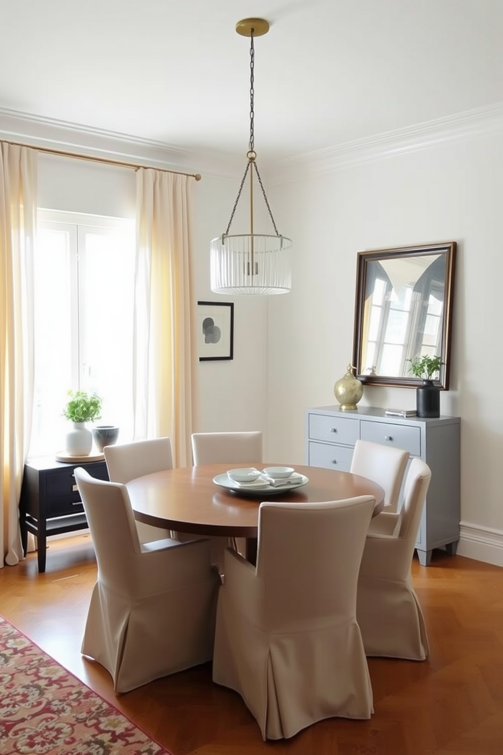 Maximize natural light with sheer curtains that gently filter sunlight into the space. The dining table is round and surrounded by upholstered chairs in soft pastel tones, creating a cozy yet elegant atmosphere. A statement pendant light hangs above the table, adding a touch of sophistication. The walls are painted in a light, airy color, and a small sideboard against one wall displays decorative items and a few potted plants.