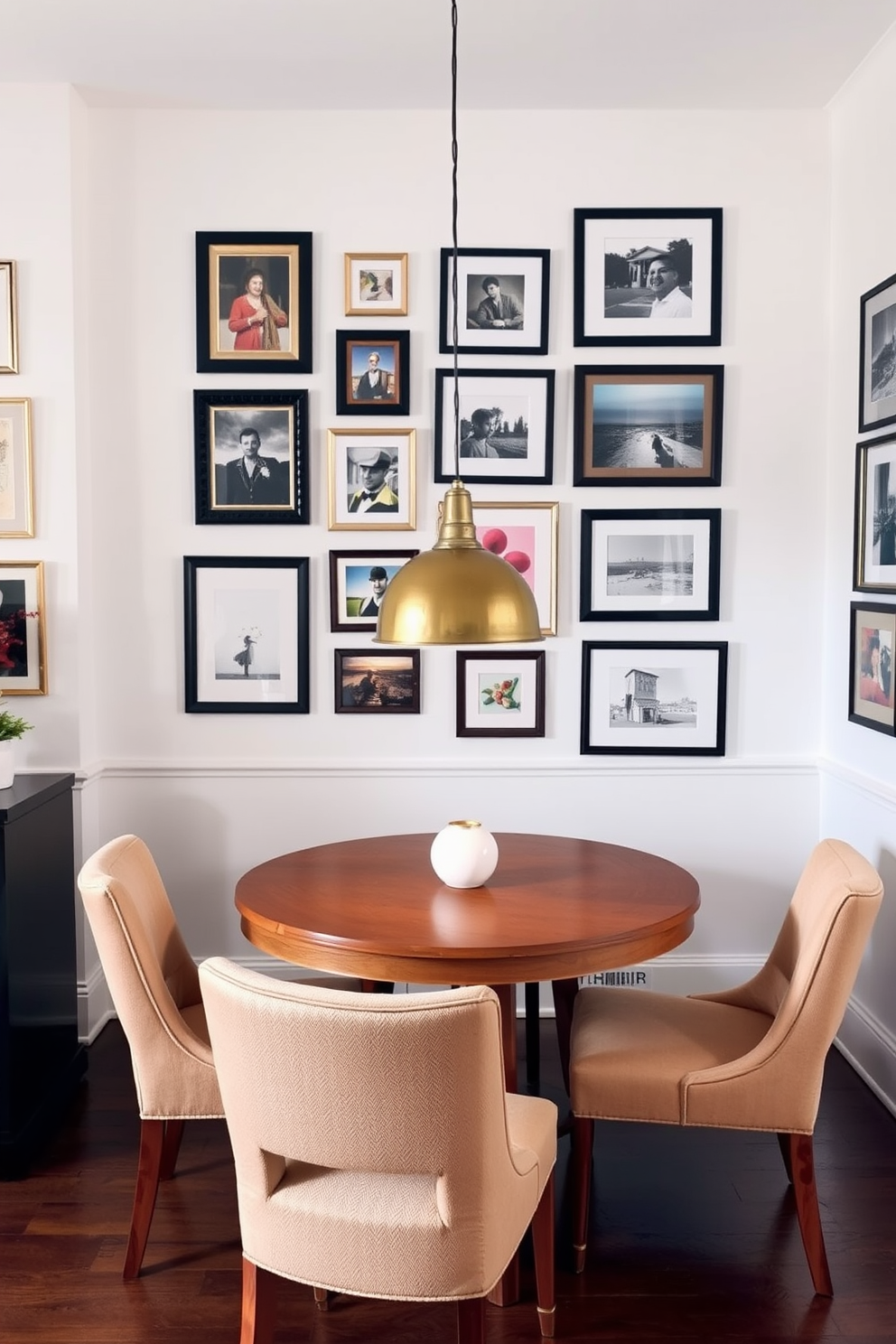 A stylish small dining room featuring a round wooden table surrounded by four upholstered chairs in a soft gray fabric. A small bar cart with a gold frame sits in the corner, adorned with elegant glassware and a decorative plant. The walls are painted in a warm beige tone, creating a cozy atmosphere. A statement pendant light hangs above the table, casting a warm glow over the space.