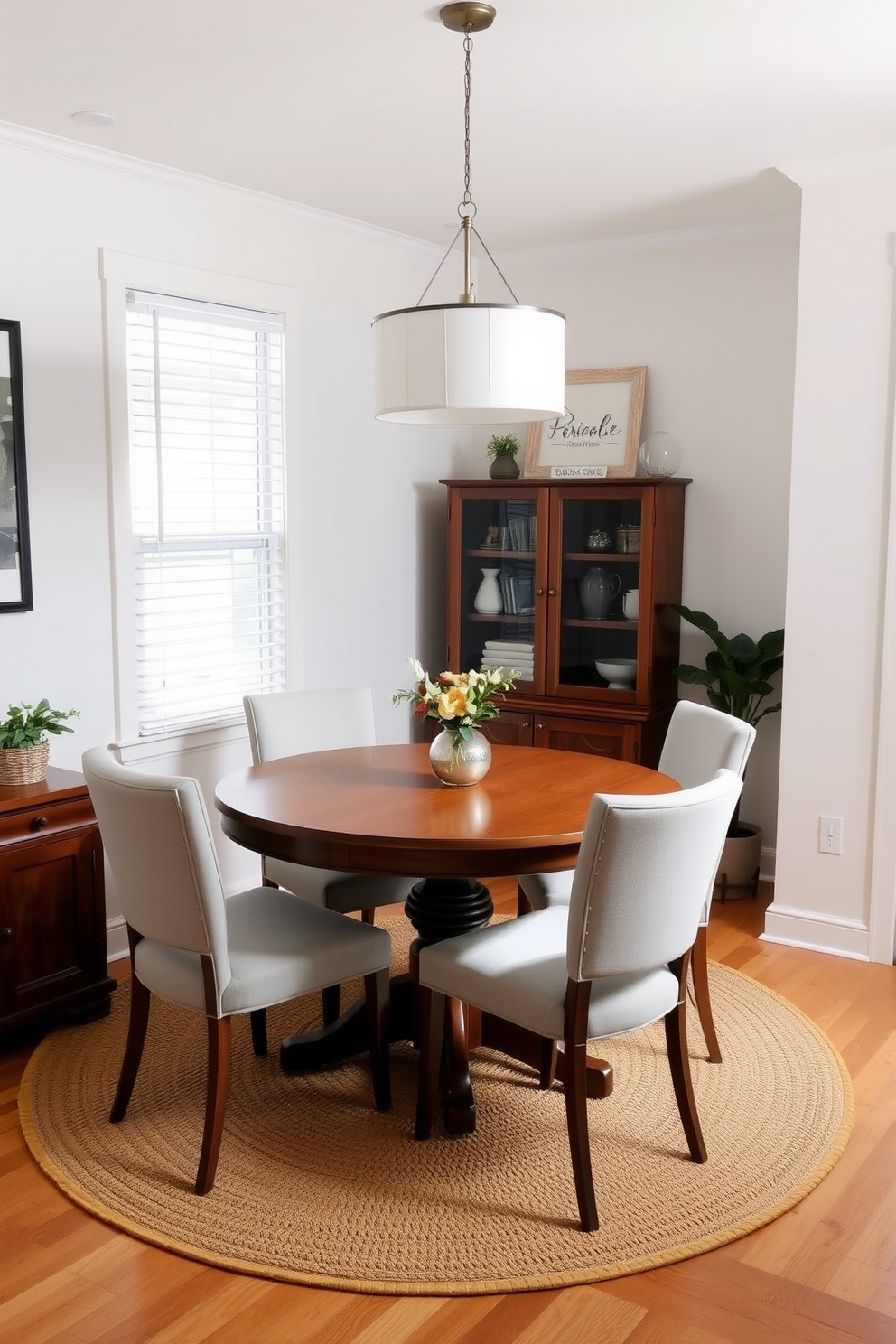 A cozy small dining room featuring a round wooden table surrounded by upholstered chairs. A textured area rug in a warm tone anchors the space, adding comfort and style underfoot. The walls are painted in a soft neutral color, enhancing the room's brightness. A statement pendant light hangs above the table, creating an inviting atmosphere for meals and gatherings.