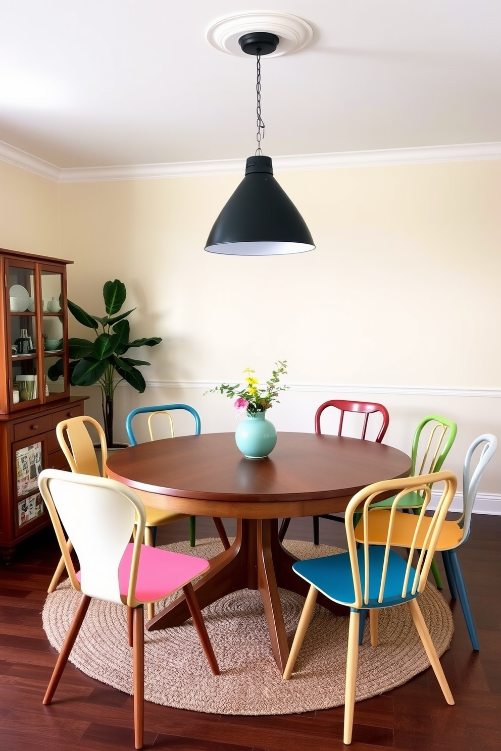 A cozy dining room with a round wooden table at the center surrounded by a mix of colorful dining chairs. Each chair features a unique design, combining modern and vintage styles to create an eclectic yet harmonious look. The walls are painted in a soft pastel hue, enhancing the inviting atmosphere of the space. A statement pendant light hangs above the table, casting a warm glow over the room.